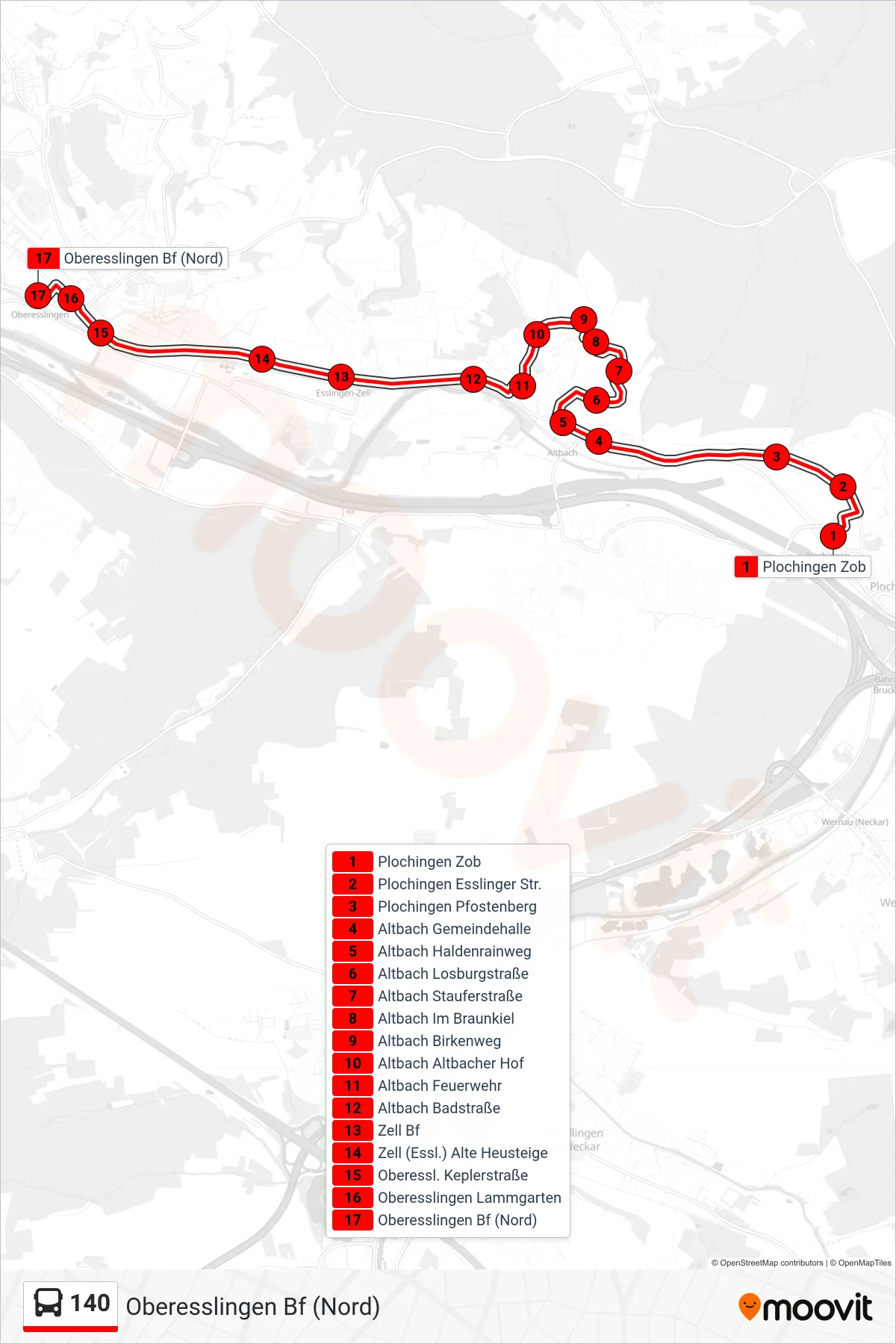 140 bus Line (Oberesslingen Bf (Nord)) route and stops on a map