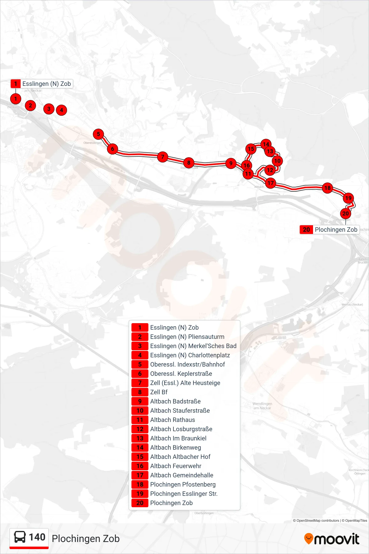 140 bus Line (Plochingen Zob) route and stops on a map