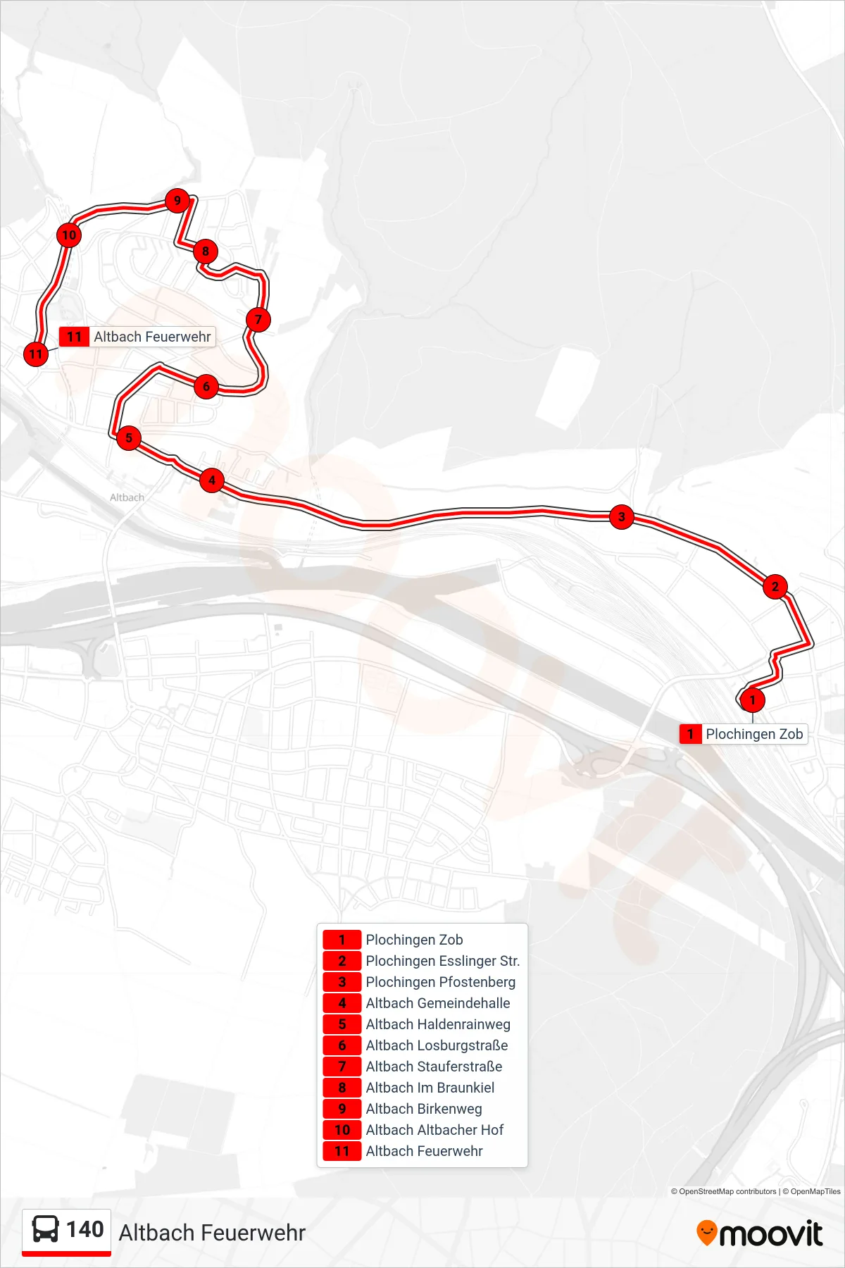 140 bus Line (Altbach Feuerwehr) route and stops on a map