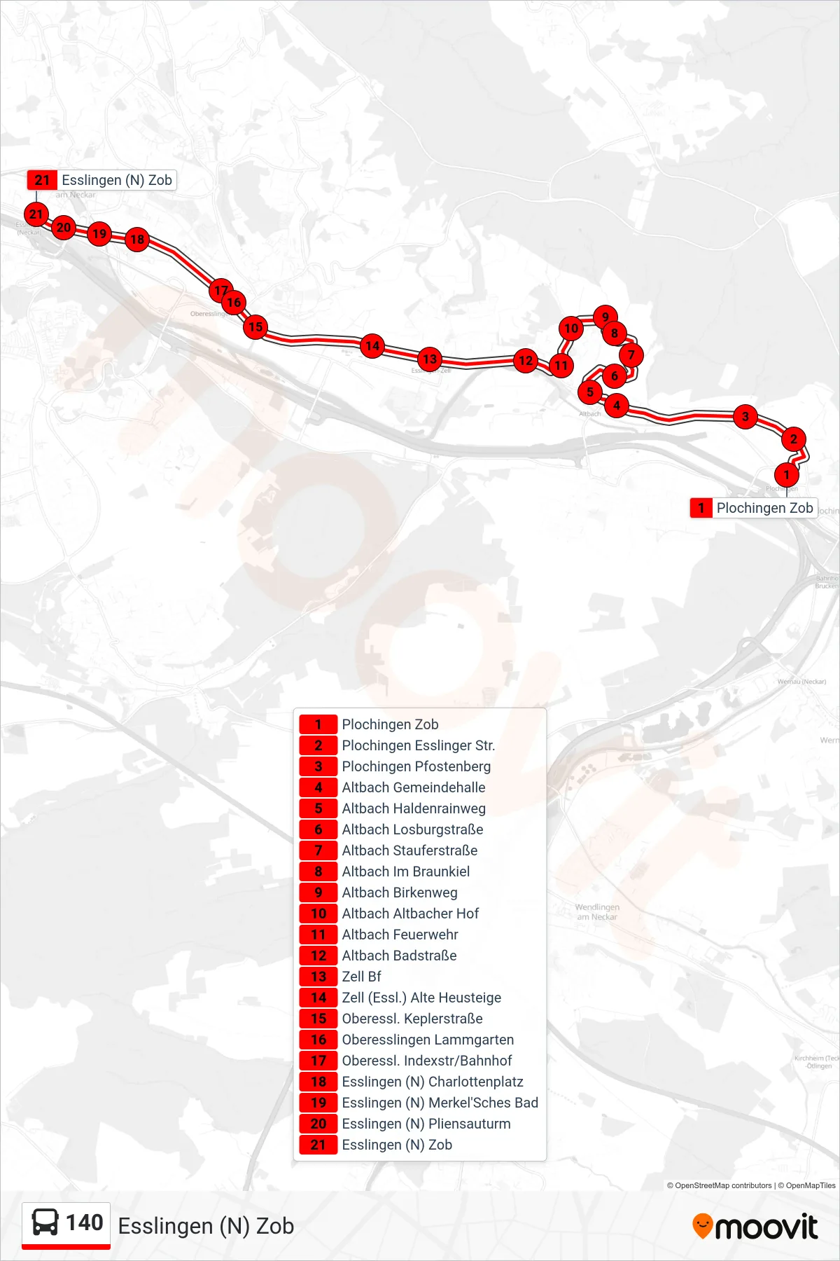 Linie 140 (Bus) Richtung Esslingen (N) Zob: Route und Haltestellen auf der Karte