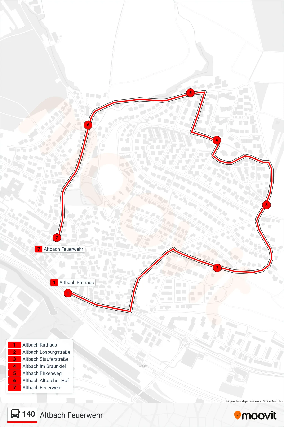140 bus Line (Altbach Feuerwehr) route and stops on a map