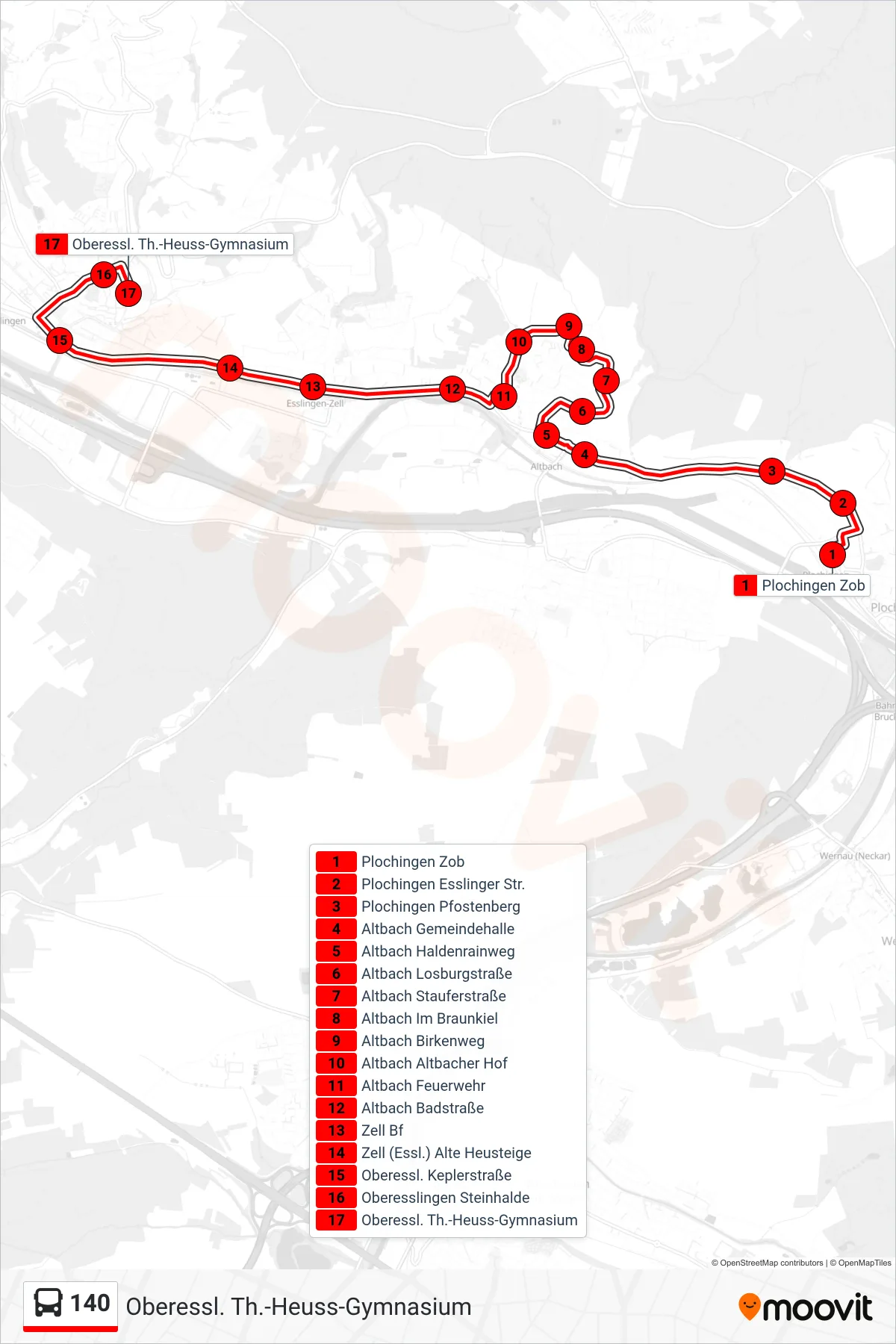 140 bus Line (Oberessl. Th.-Heuss-Gymnasium) route and stops on a map