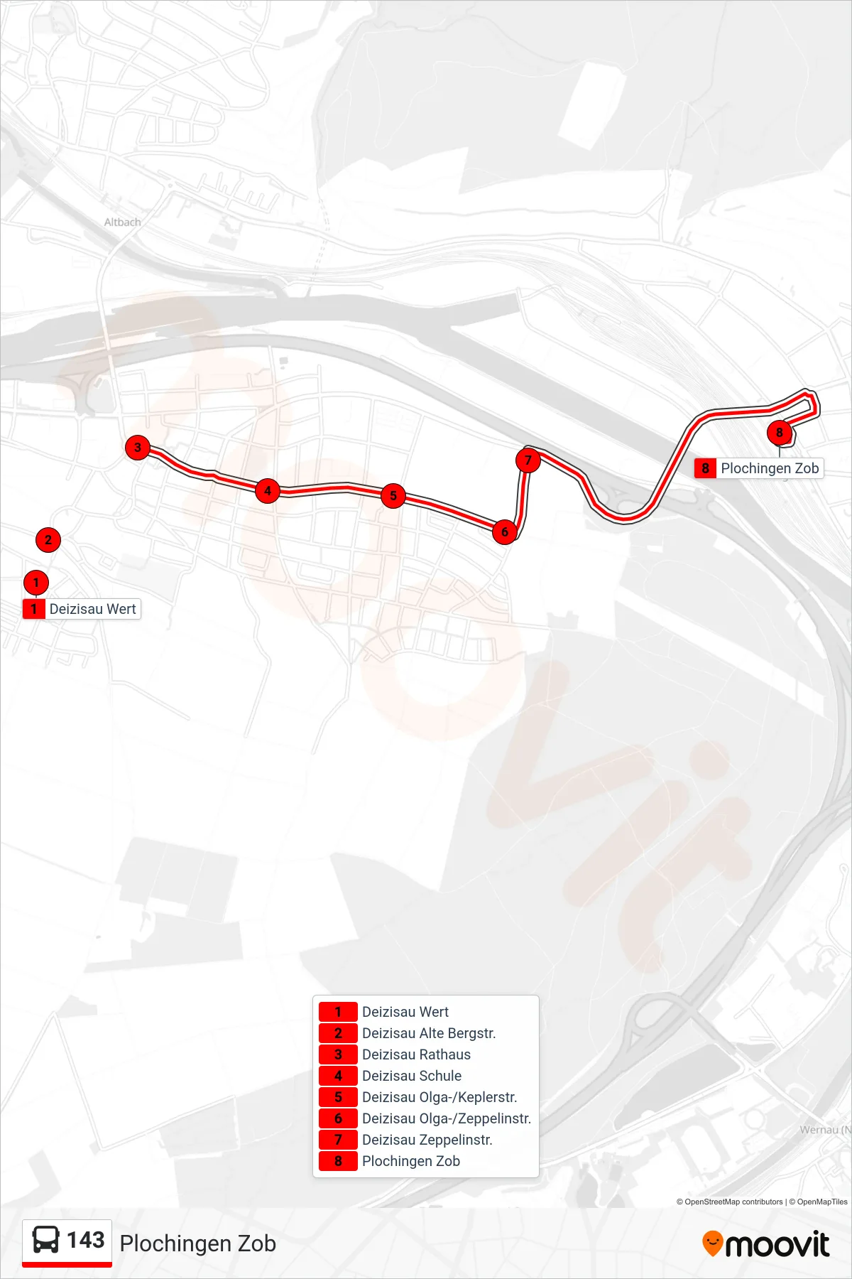 143 bus Line (Plochingen Zob) route and stops on a map
