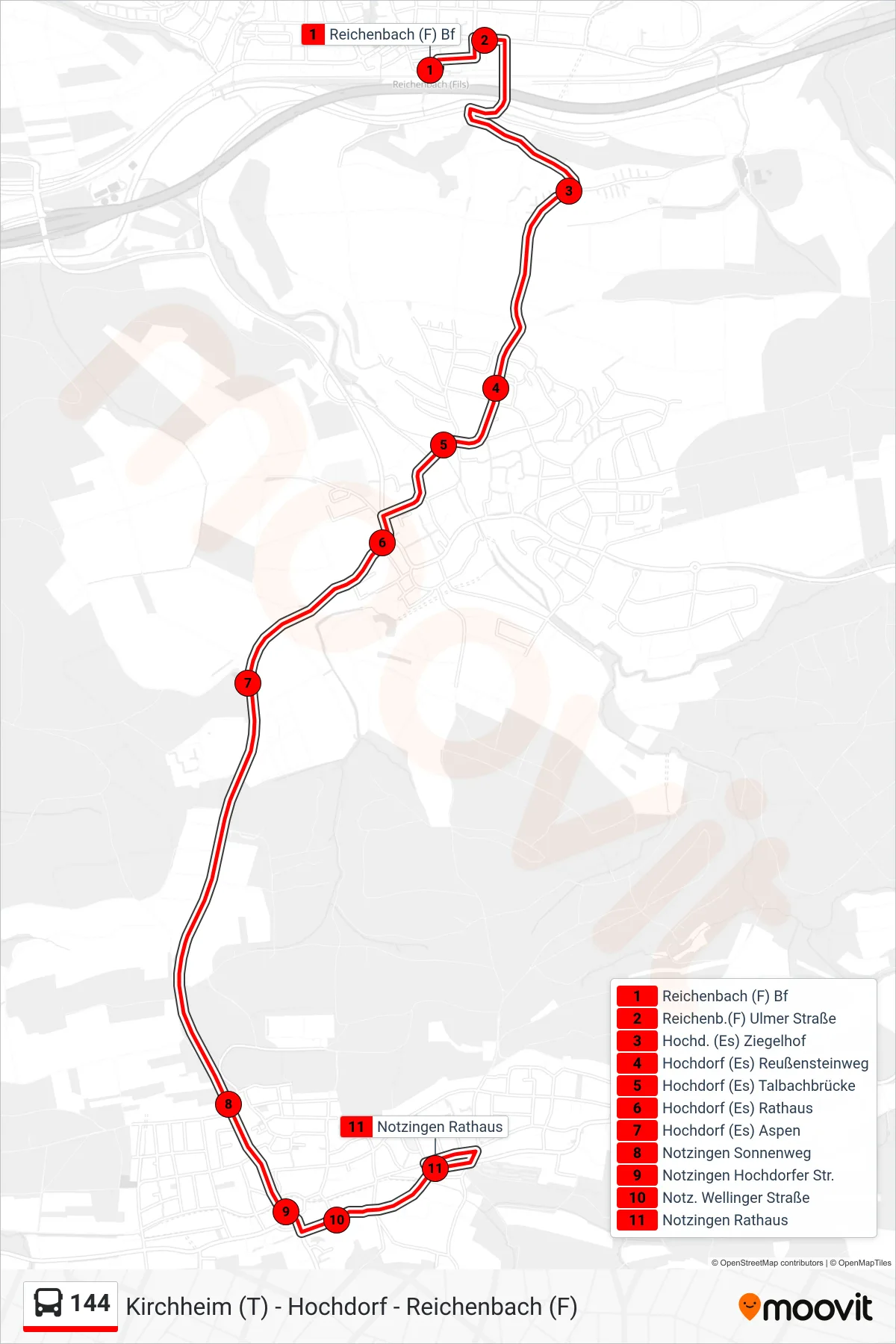 Linie 144 (Bus) Richtung Notzingen Rathaus: Route und Haltestellen auf der Karte