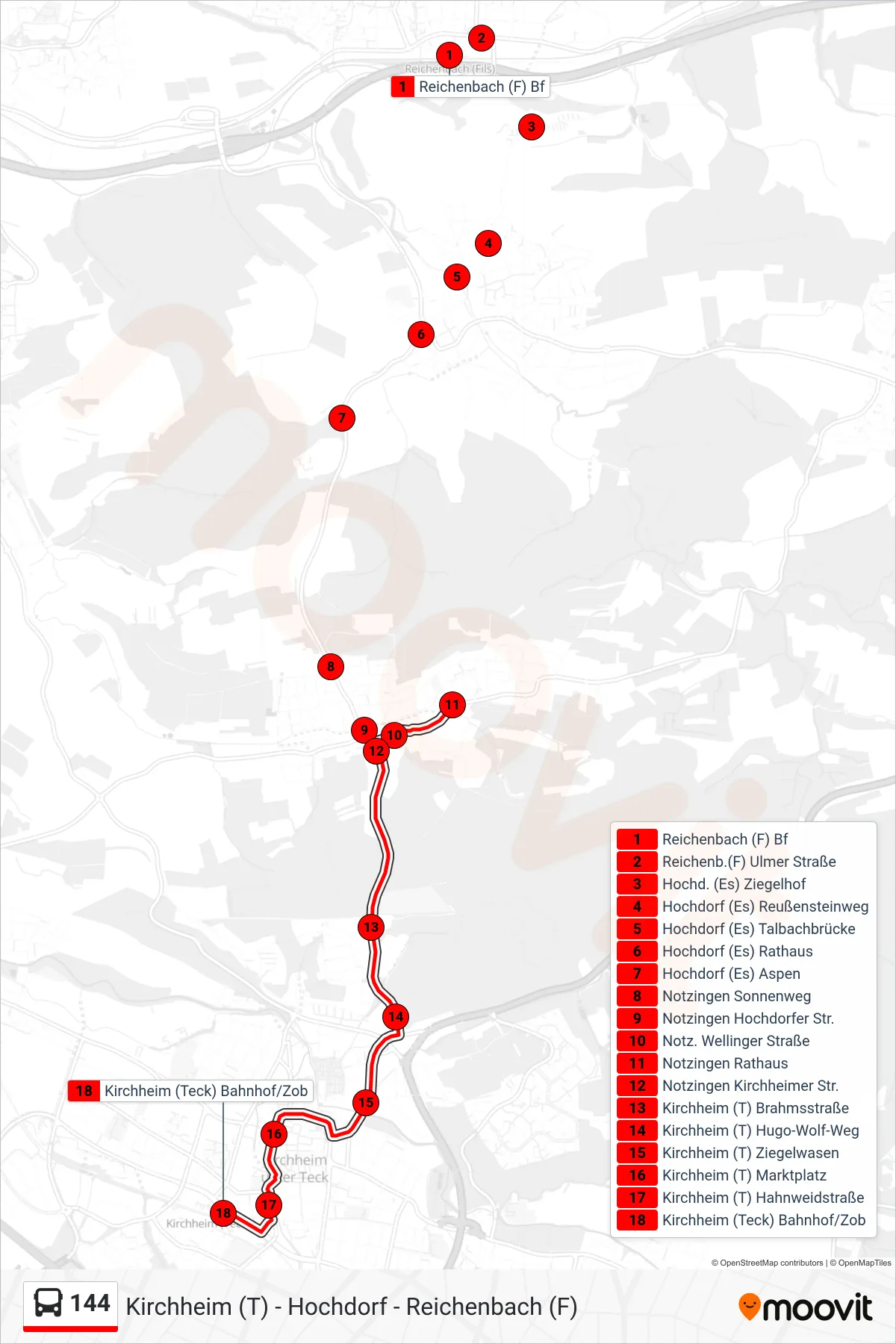 144 bus Line (Kirchheim (T) Bahnhof/Zob) route and stops on a map