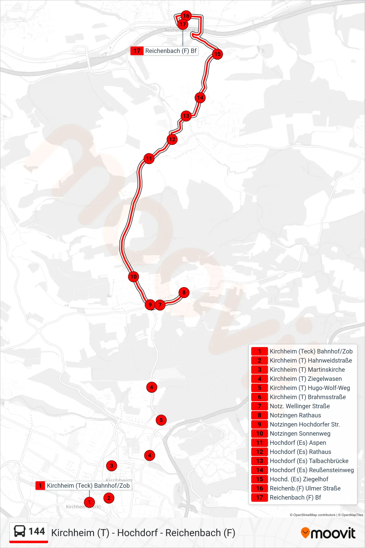 144 bus Line (Reichenbach (F) Bf) route and stops on a map