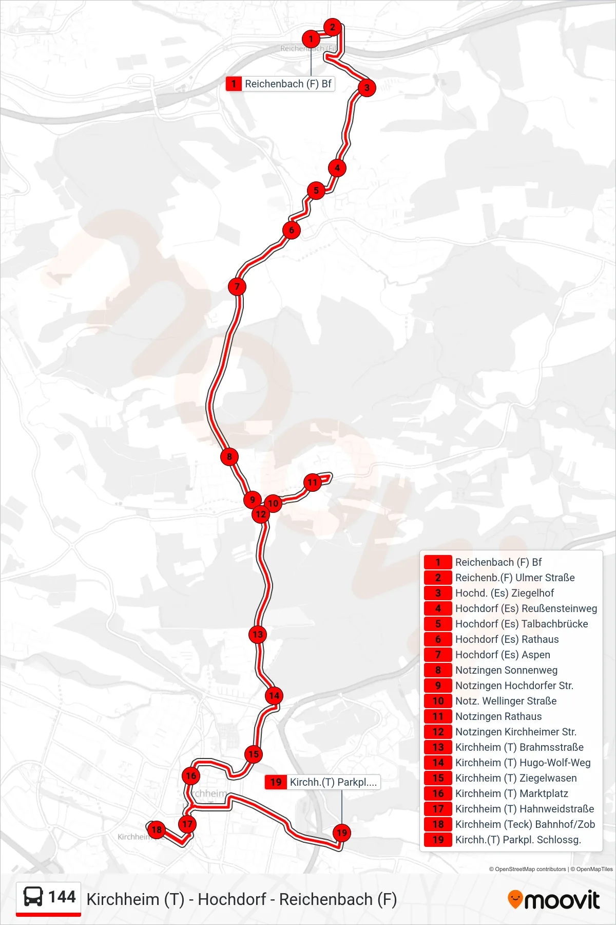 144 bus Line (Kirchh.(T) Parkpl. Schlossg.) route and stops on a map