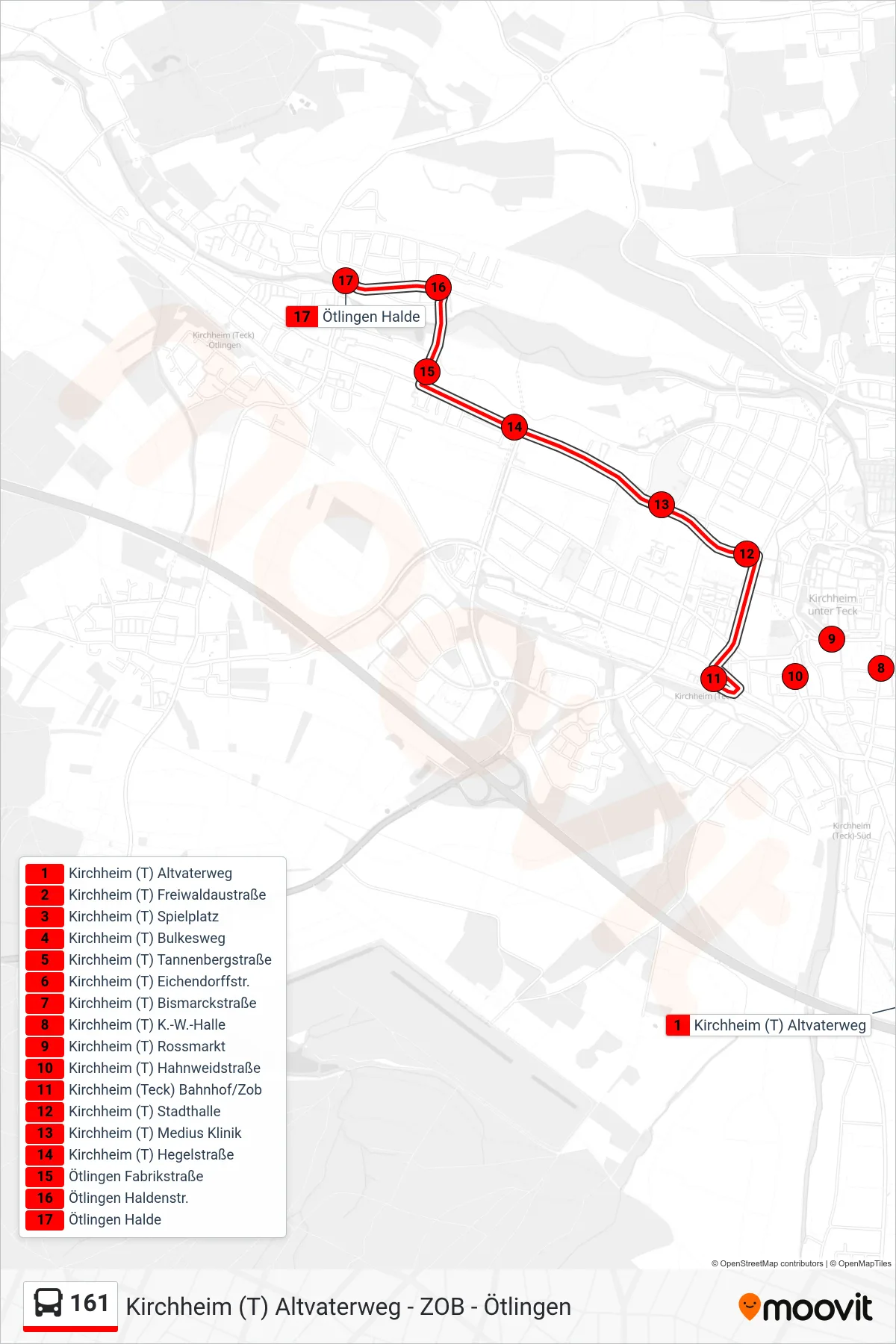 161 bus Line (Ötlingen Halde) route and stops on a map