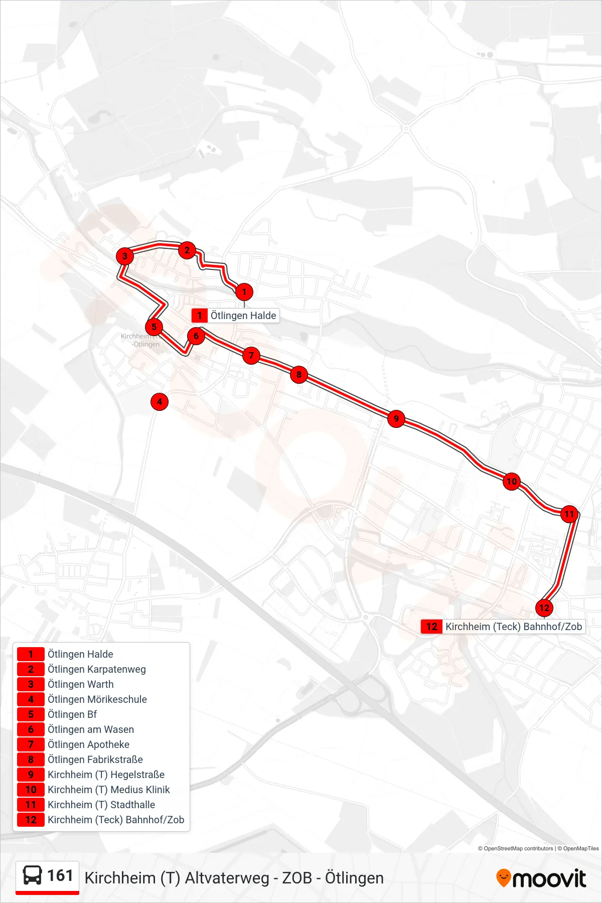 Linie 161 (Bus) Richtung Kirchheim (T) Bahnhof/Zob: Route und Haltestellen auf der Karte
