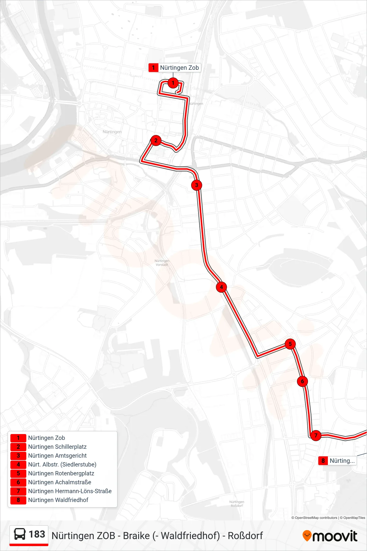 183 bus Line (Nürtingen Waldfriedhof) route and stops on a map