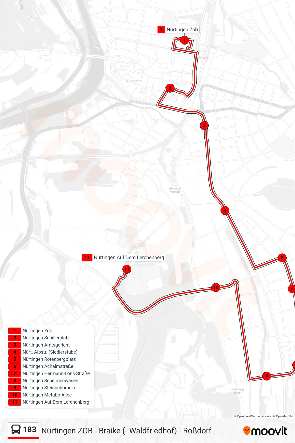 183 bus Line (Nürtingen Auf Dem Lerchenberg) route and stops on a map