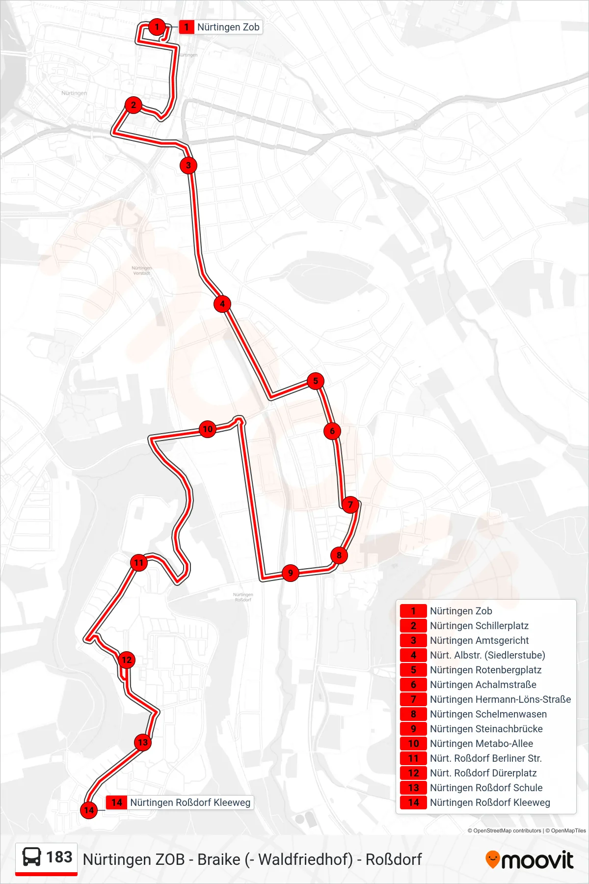 Linie 183 (Bus) Richtung Nürtingen Roßdorf Kleeweg: Route und Haltestellen auf der Karte