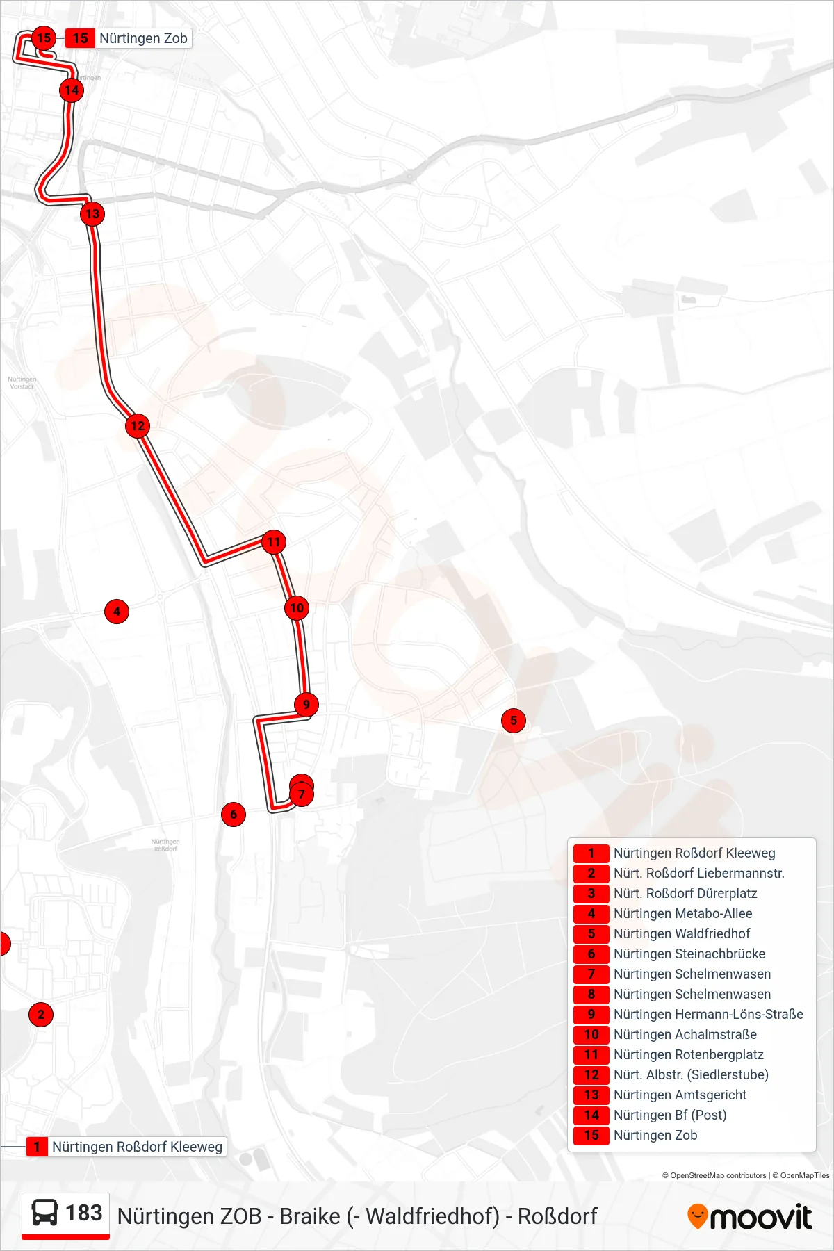 183 bus Line (Nürtingen Zob) route and stops on a map