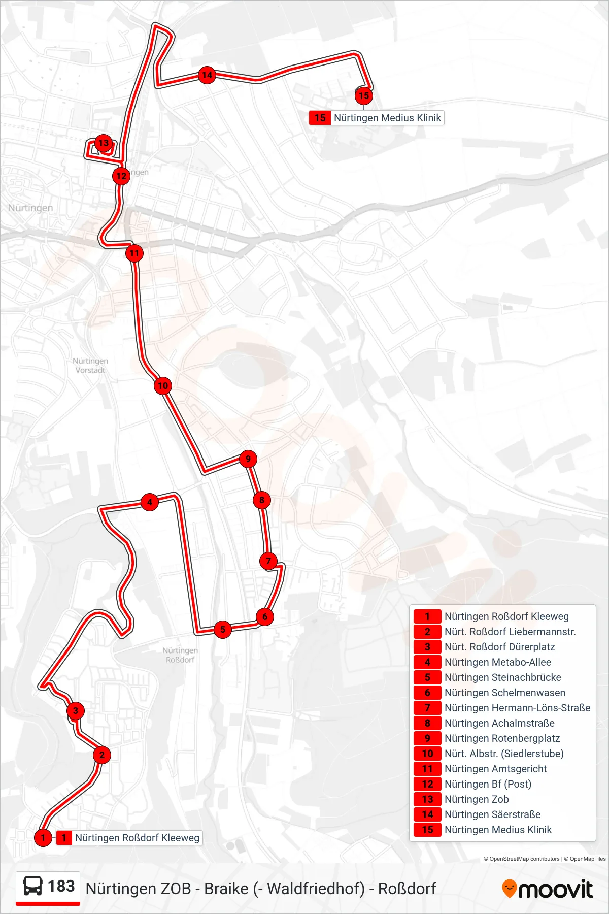183 bus Line (Nürtingen Medius Klinik) route and stops on a map