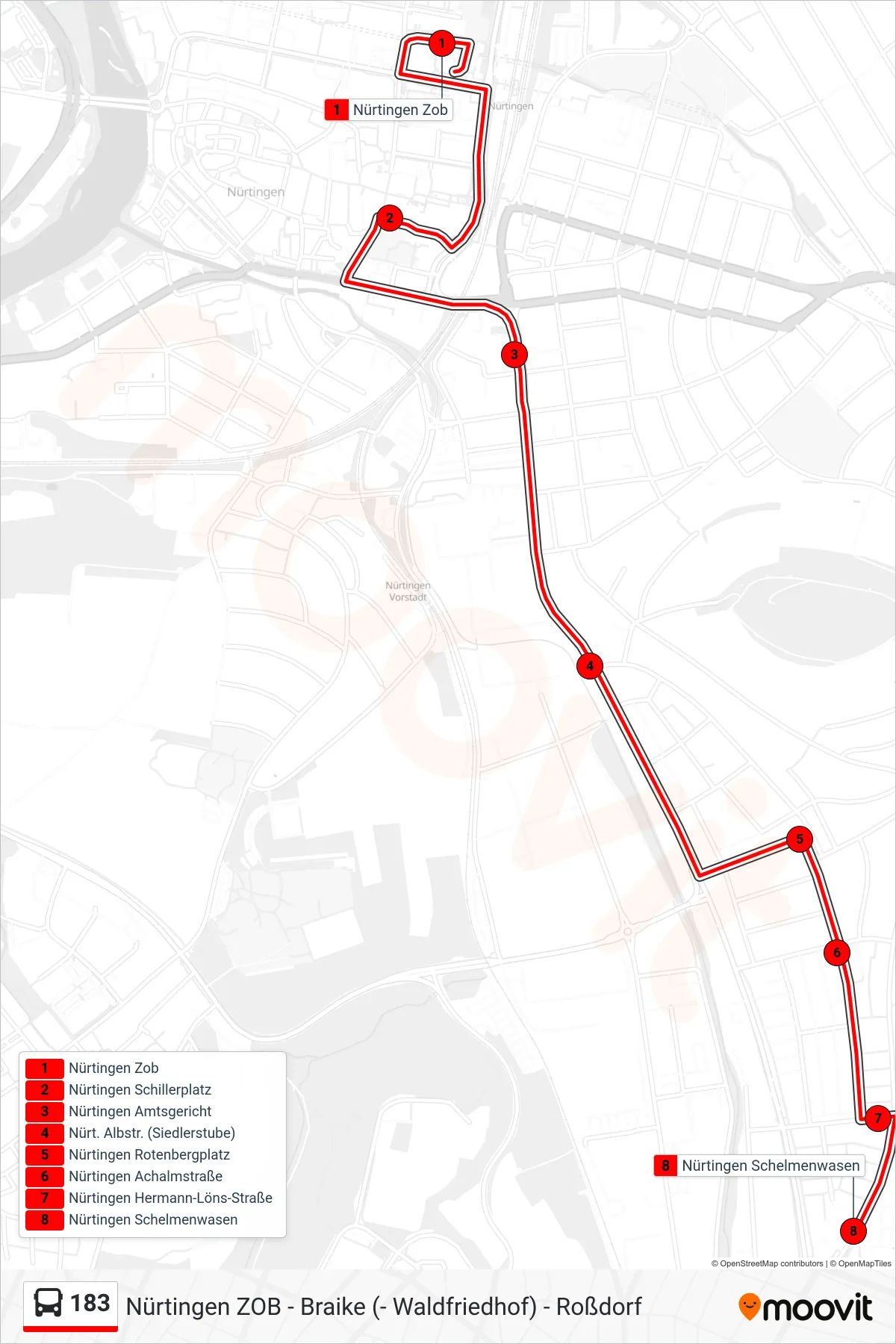 183 bus Line (Nürtingen Schelmenwasen) route and stops on a map