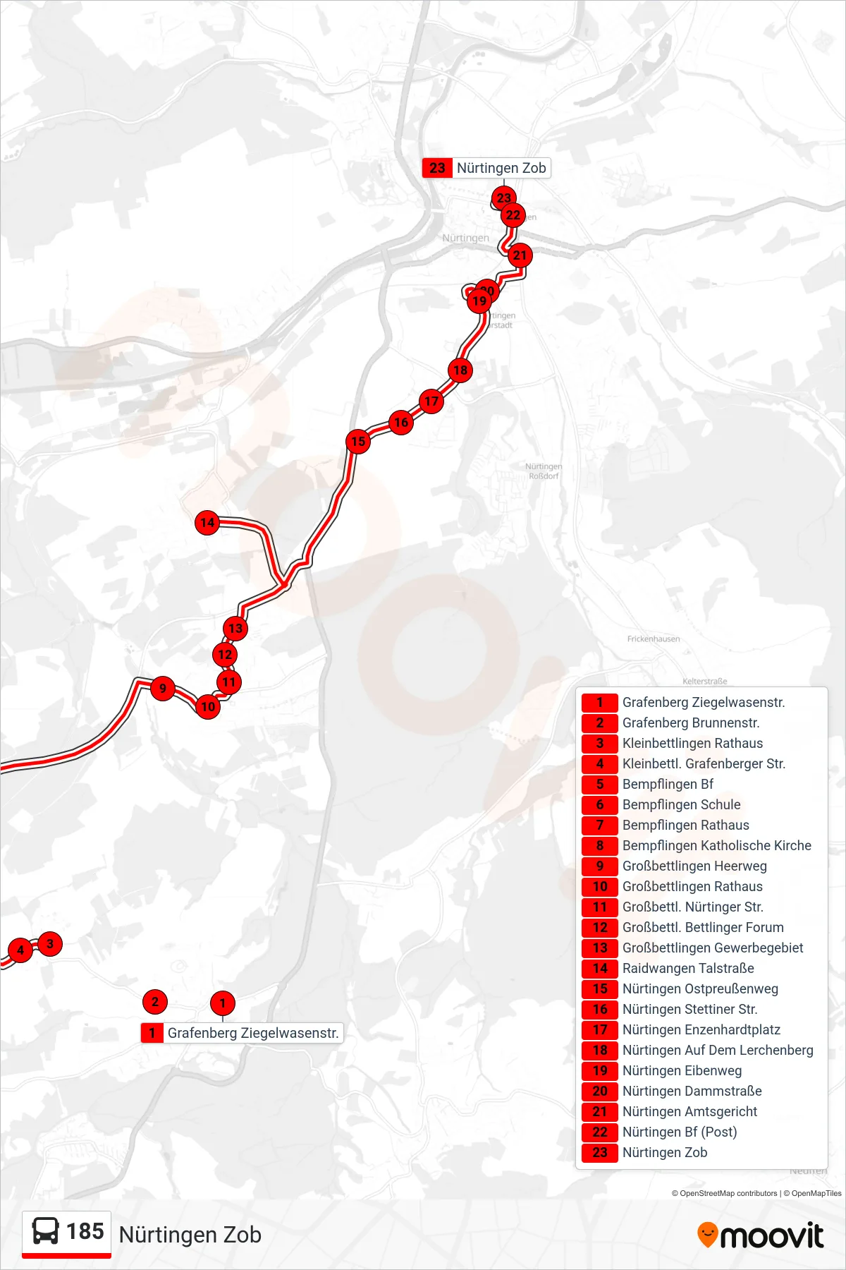 185 bus Line (Nürtingen Zob) route and stops on a map