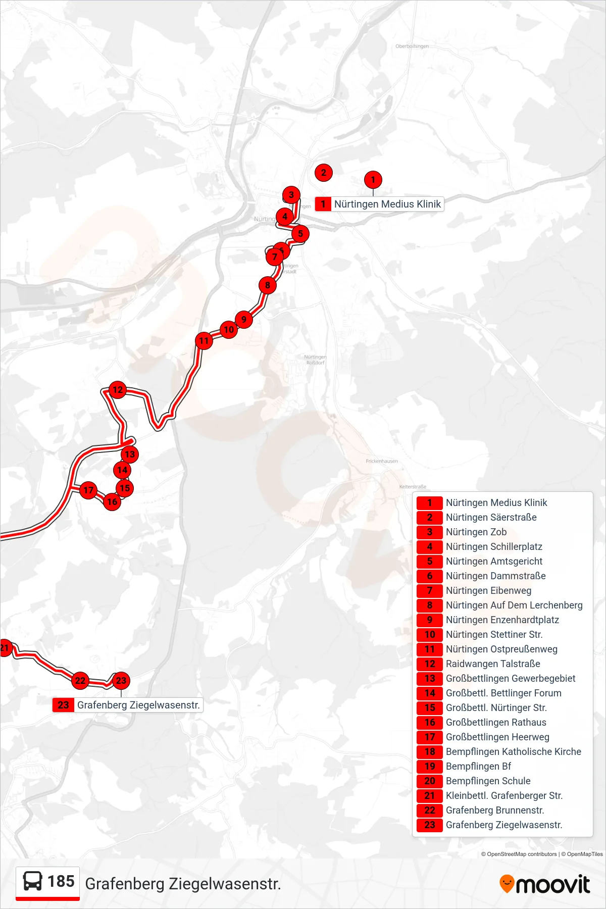 185 bus Line (Grafenberg Ziegelwasenstr.) route and stops on a map
