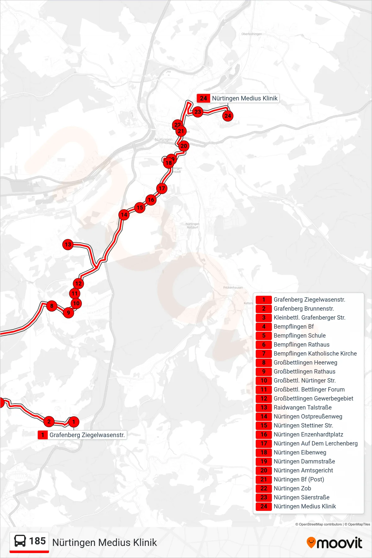 185 bus Line (Nürtingen Medius Klinik) route and stops on a map