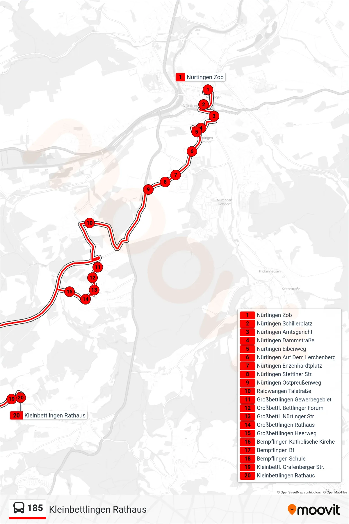 185 bus Line (Kleinbettlingen Rathaus) route and stops on a map