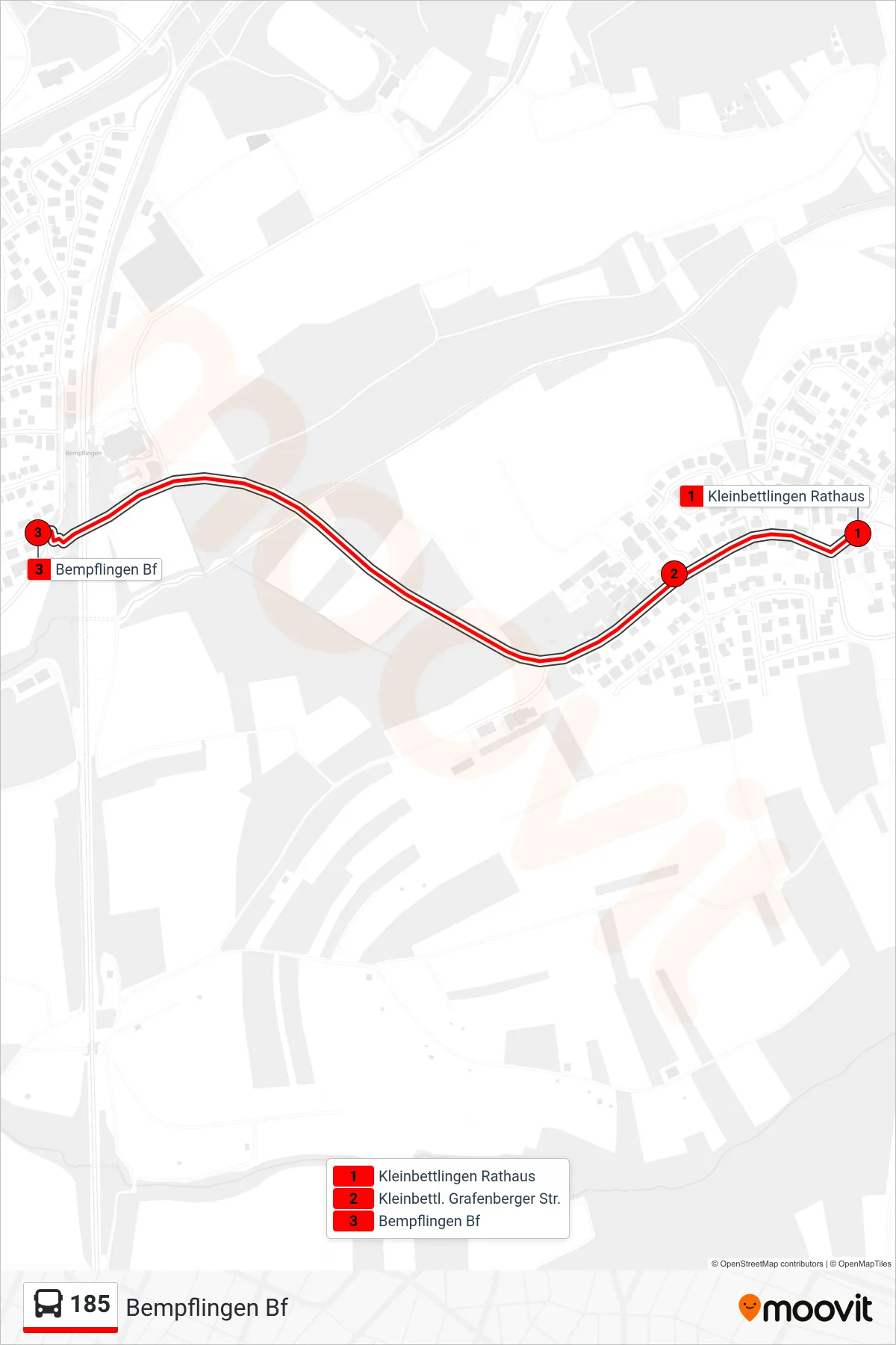 185 bus Line (Bempflingen Bf) route and stops on a map