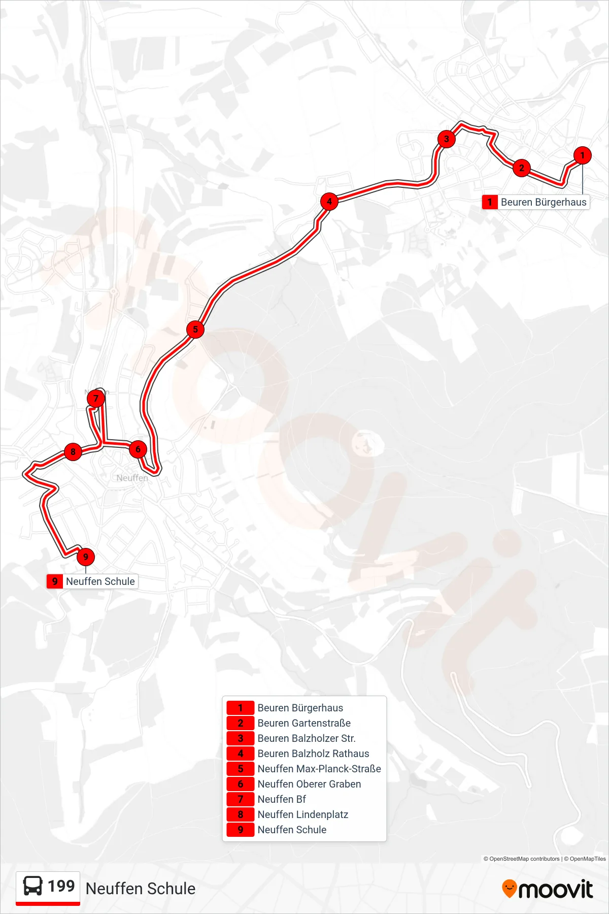 199 bus Line (Neuffen Schule) route and stops on a map