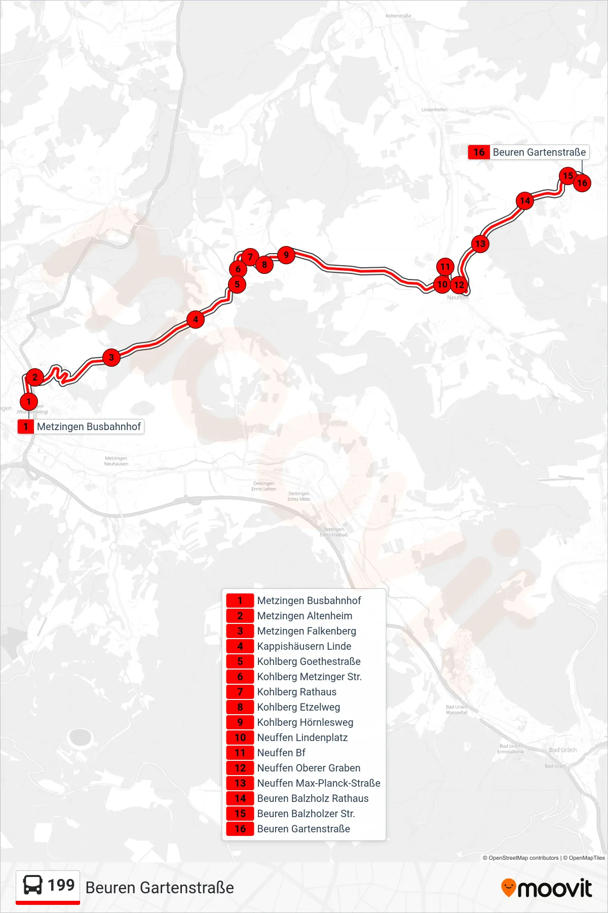 199 bus Line (Beuren Gartenstraße) route and stops on a map