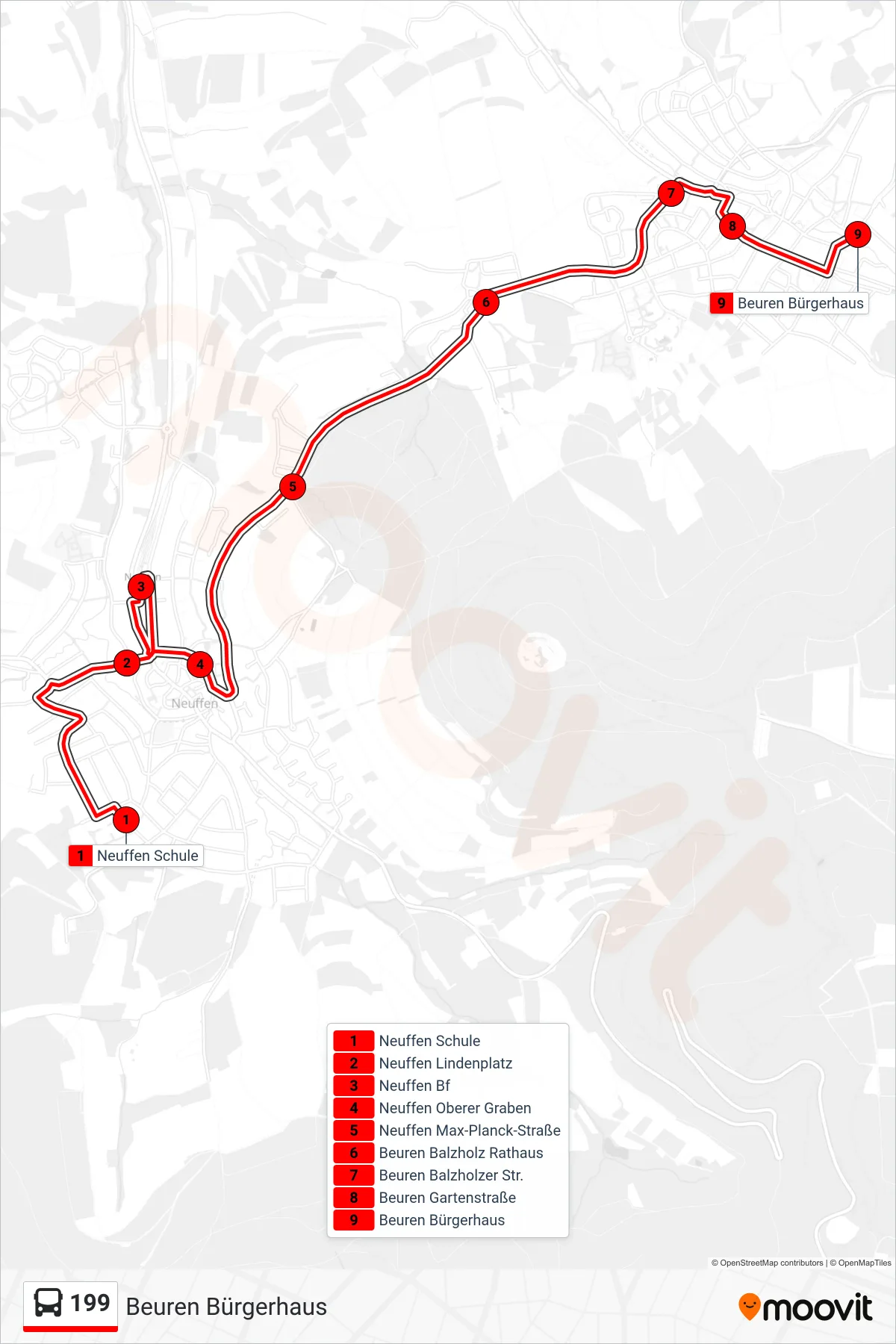 199 bus Line (Beuren Bürgerhaus) route and stops on a map
