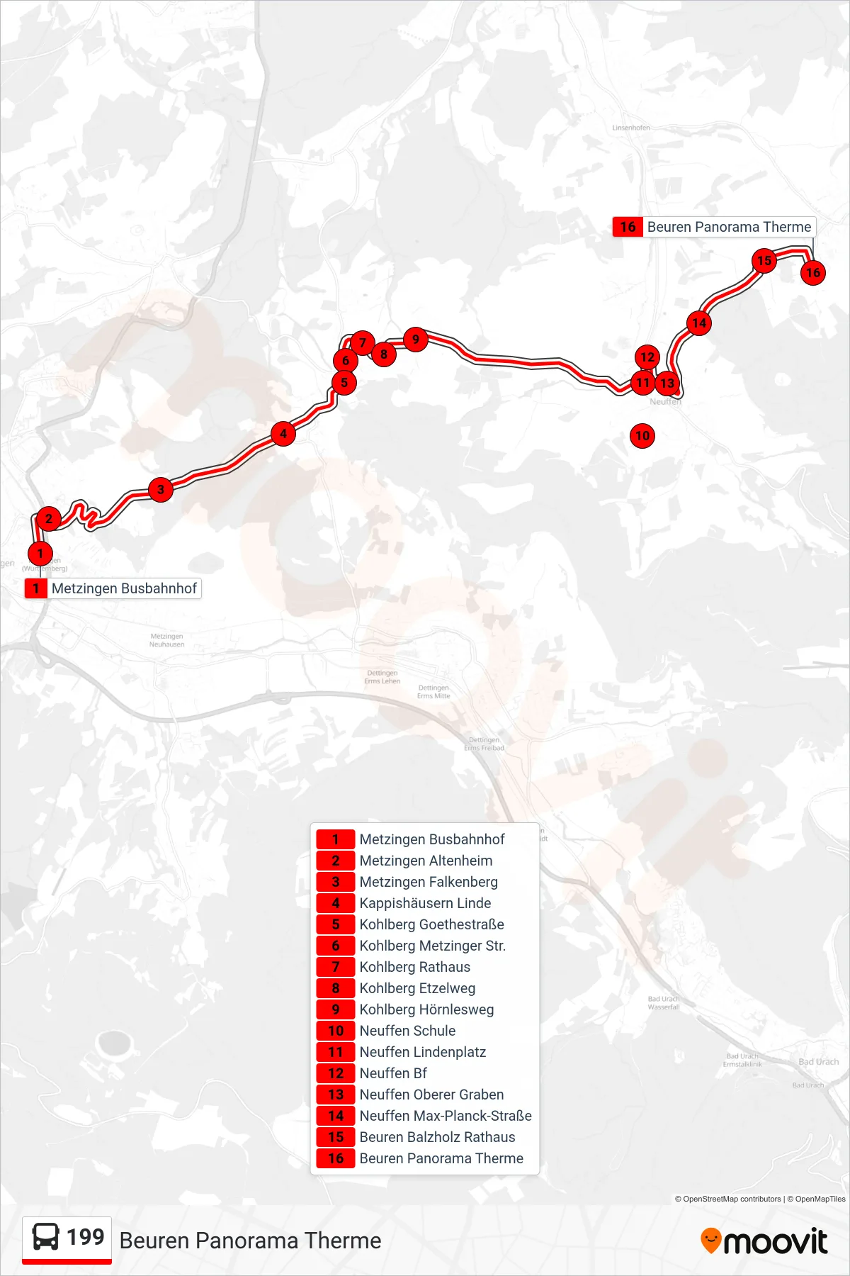 Linie 199 (Bus) Richtung Beuren Panorama Therme: Route und Haltestellen auf der Karte