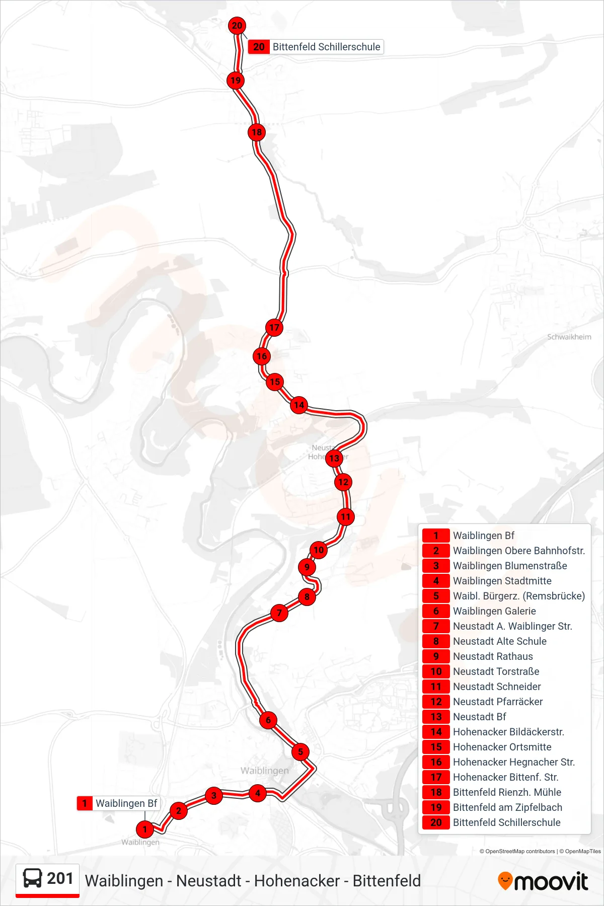 Linie 201 (Bus) Richtung Bittenfeld Schillerschule: Route und Haltestellen auf der Karte