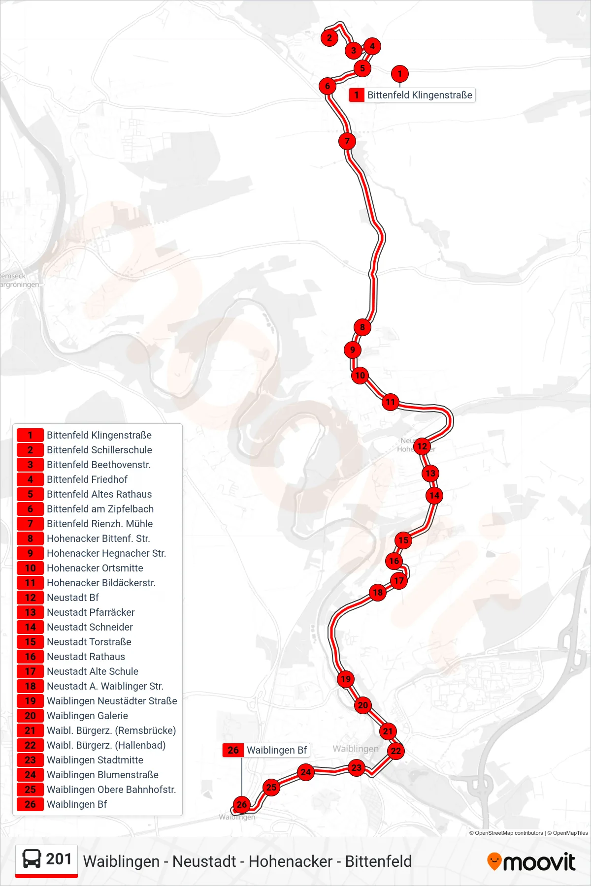 201 bus Line (Waiblingen Bf) route and stops on a map