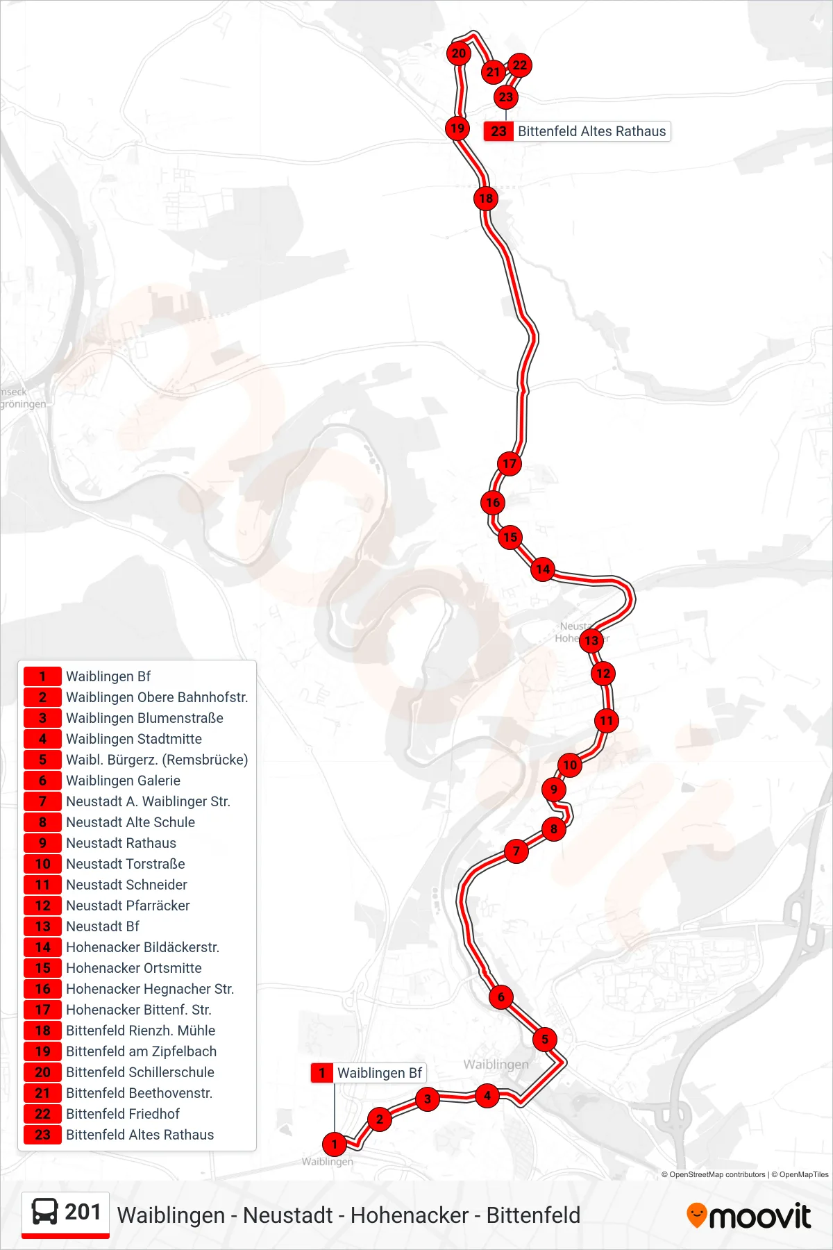 201 bus Line (Bittenfeld Altes Rathaus) route and stops on a map