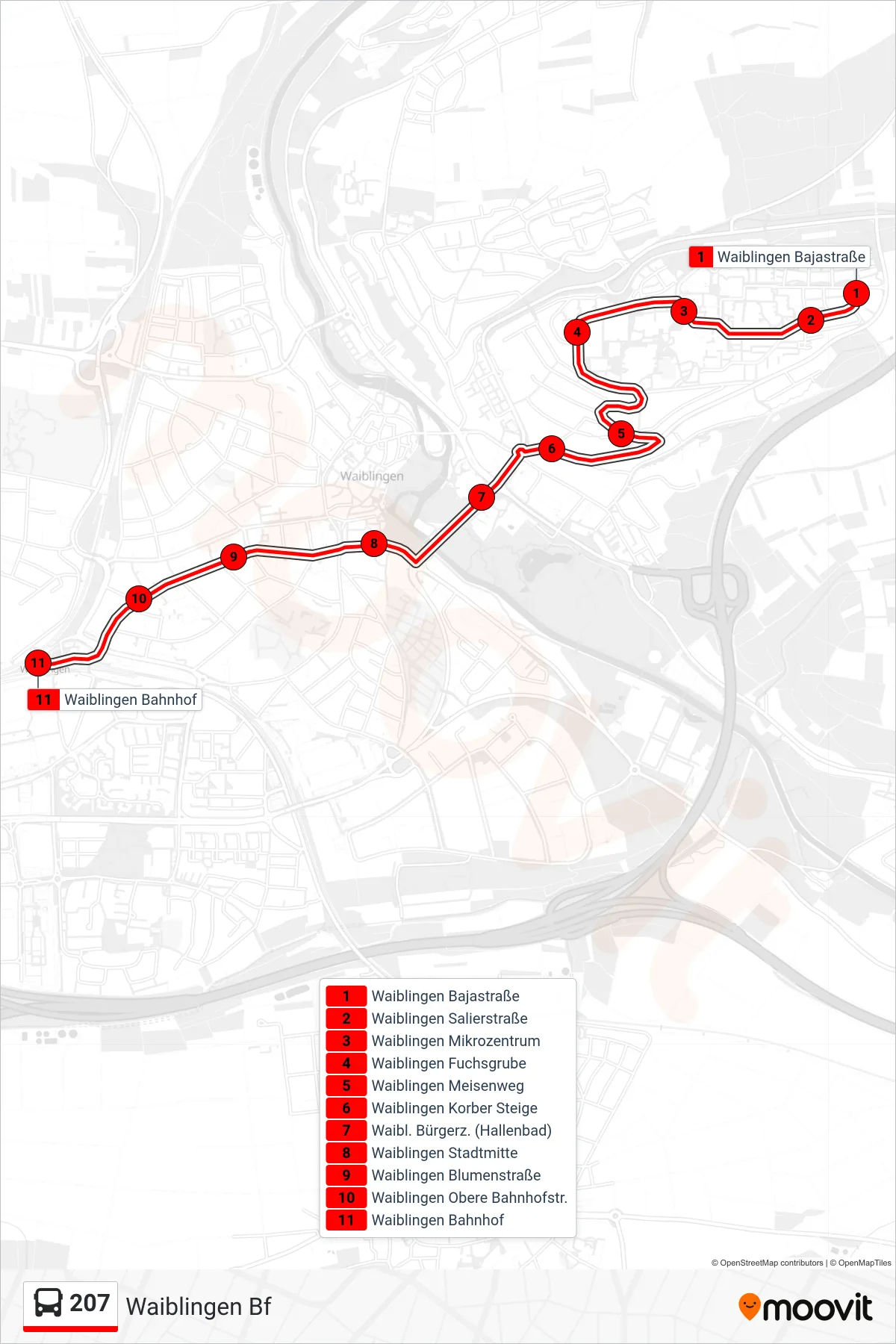 207 bus Line (Waiblingen Bf) route and stops on a map
