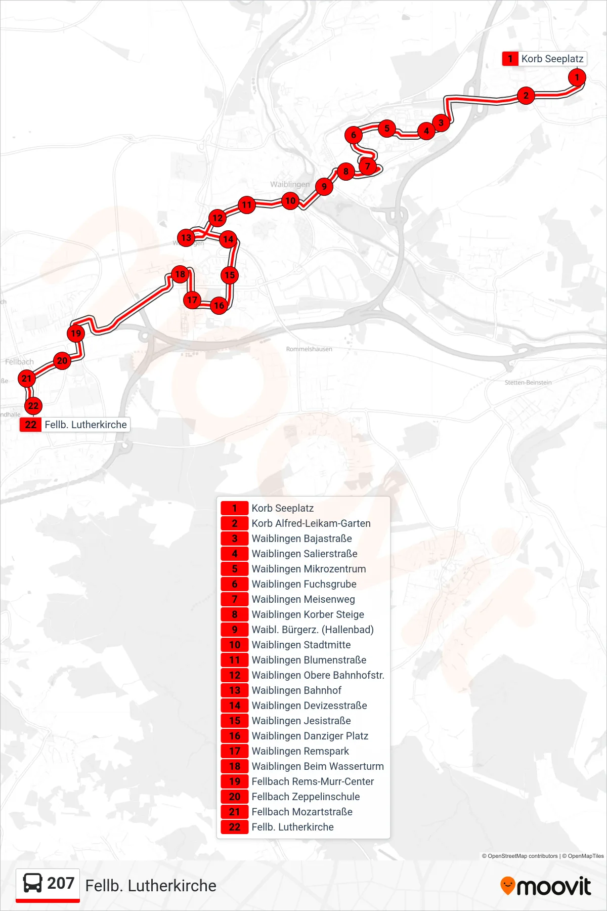207 bus Line (Fellb. Lutherkirche) route and stops on a map