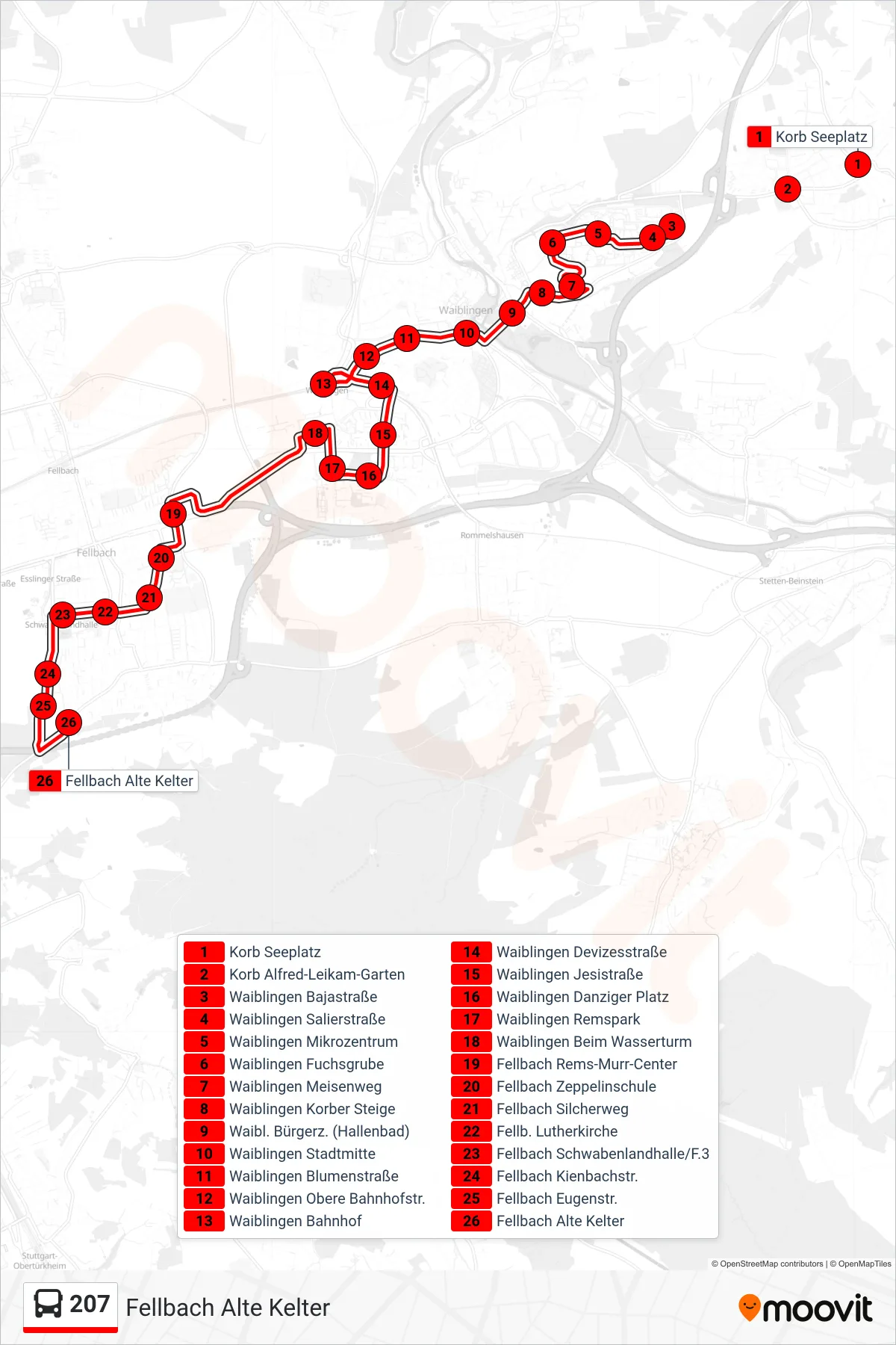 207 bus Line (Fellbach Alte Kelter) route and stops on a map