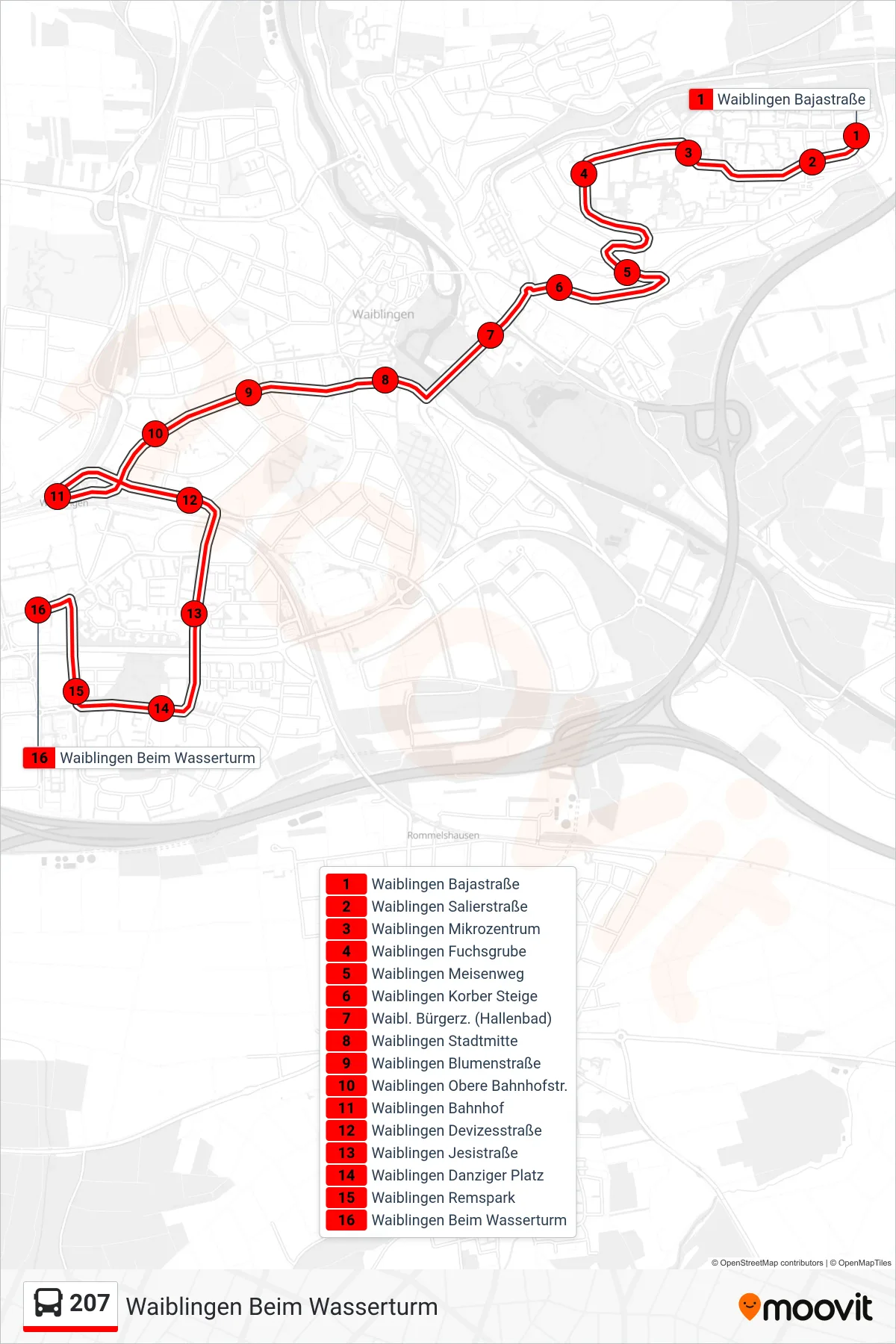 207 bus Line (Waiblingen Beim Wasserturm) route and stops on a map
