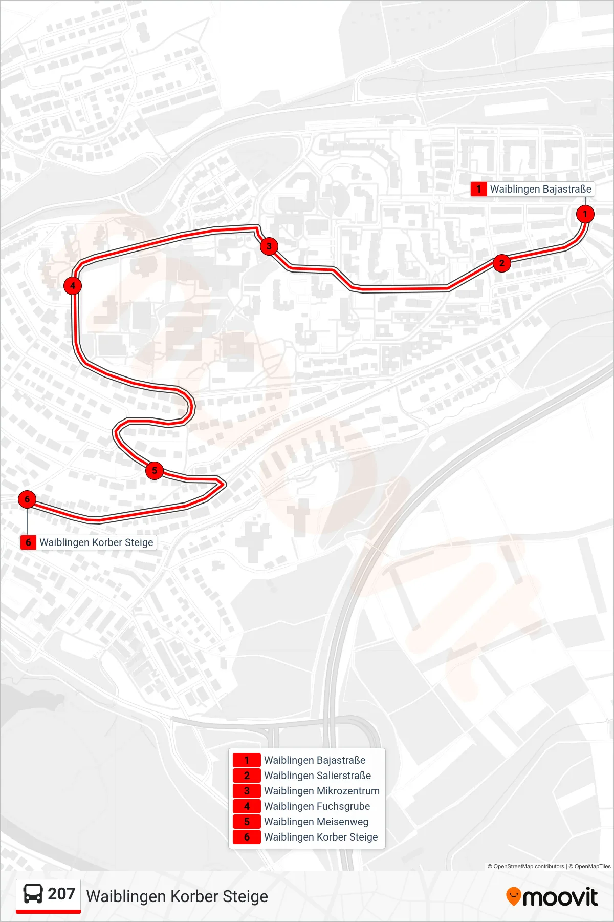207 bus Line (Waiblingen Korber Steige) route and stops on a map