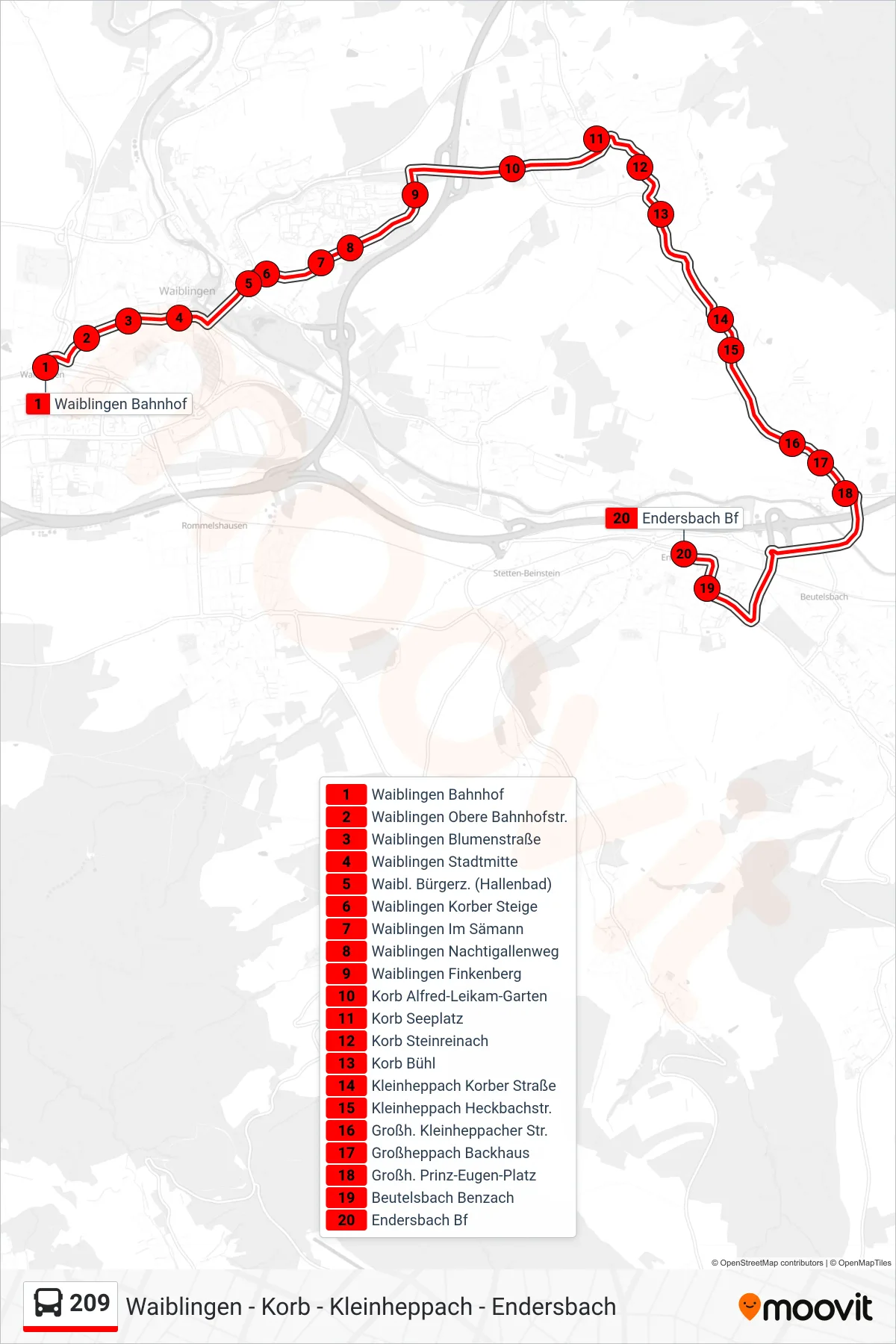 209 bus Line (Endersbach Bf) route and stops on a map