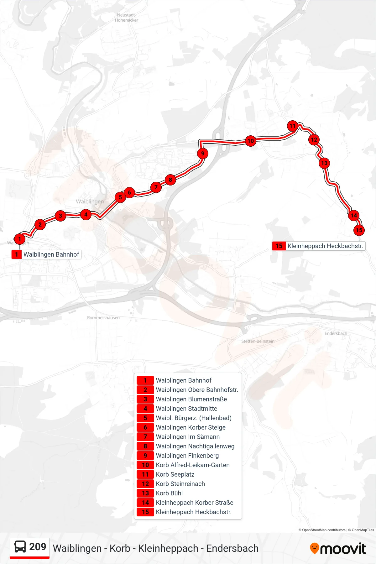 209 bus Line (Kleinheppach Heckbachstr.) route and stops on a map