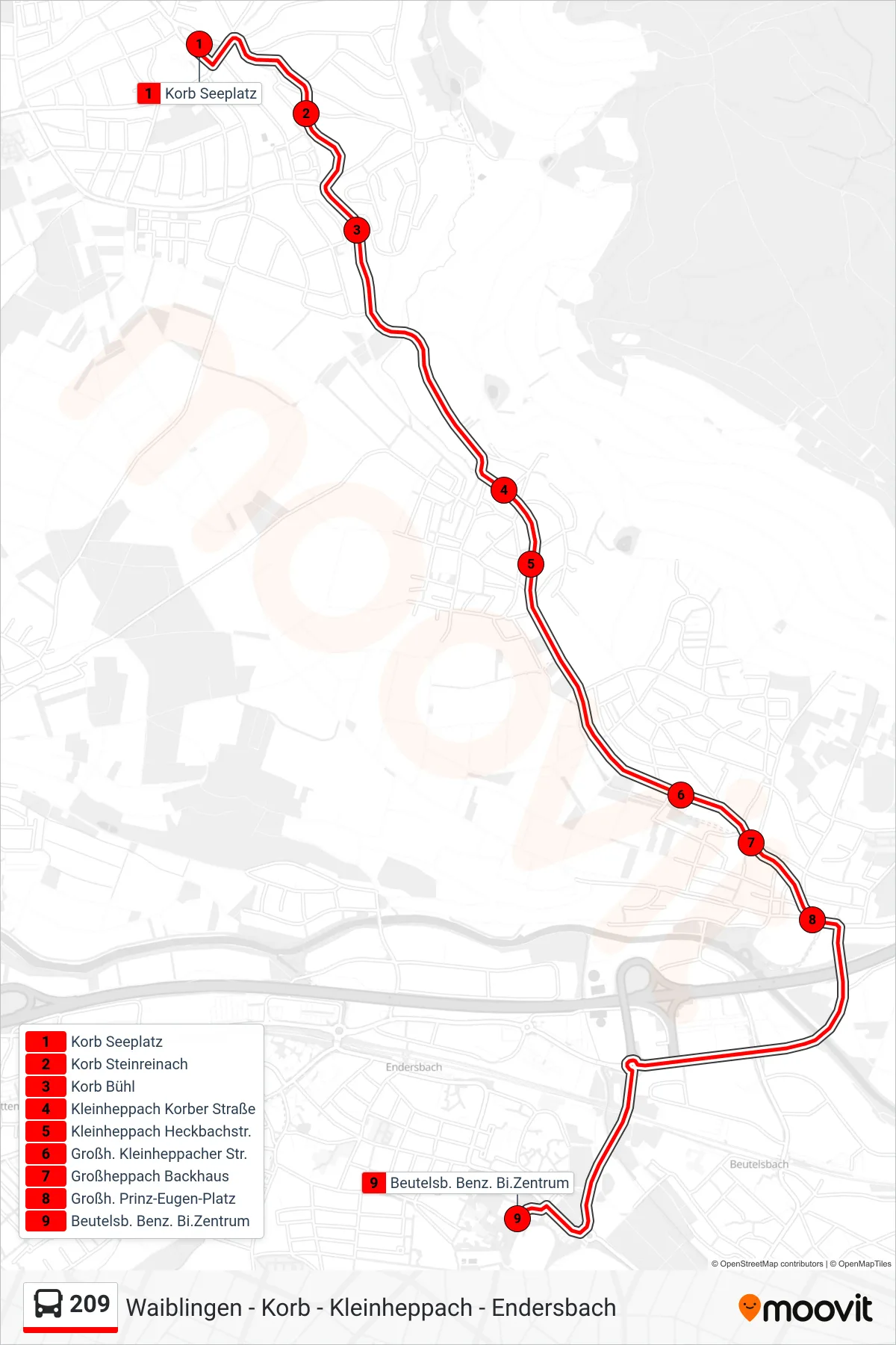 209 bus Line (Beutelsb. Benz. Bi.Zentrum) route and stops on a map