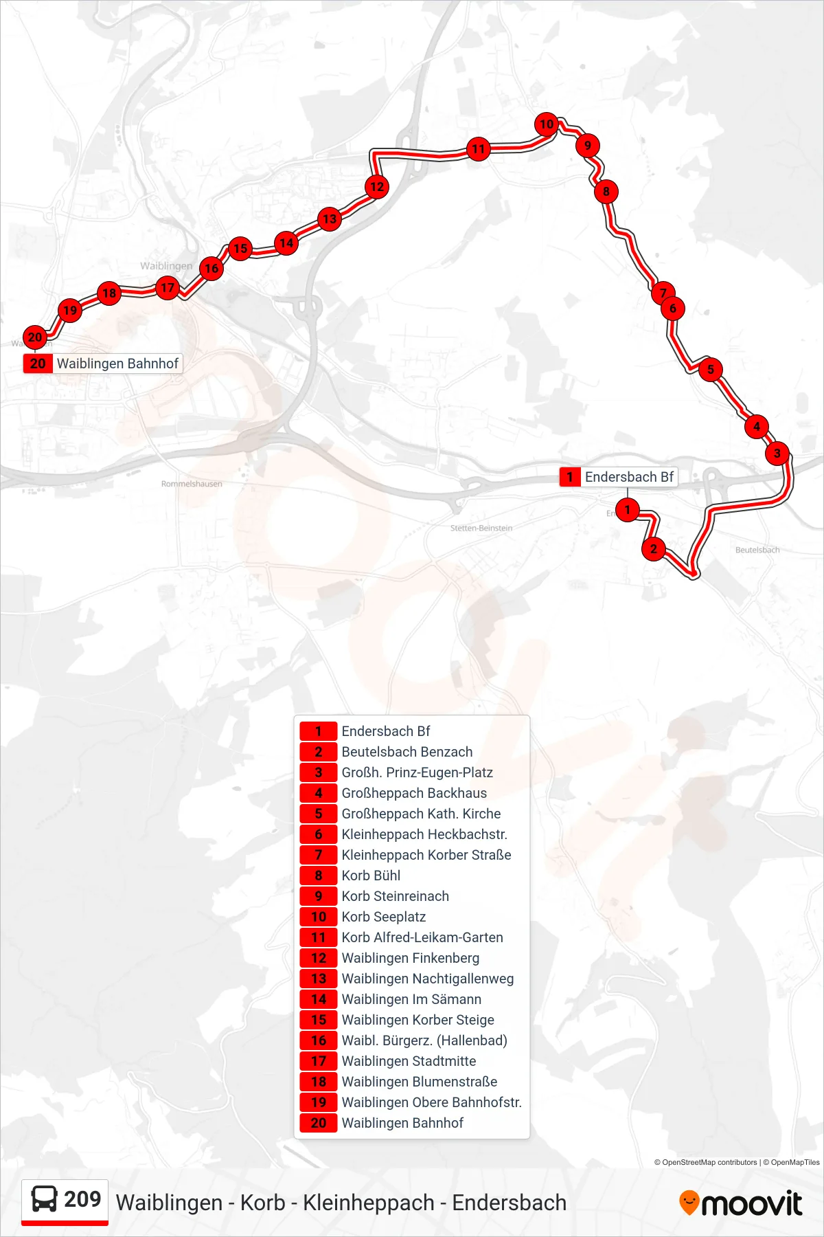 209 bus Line (Waiblingen Bf) route and stops on a map