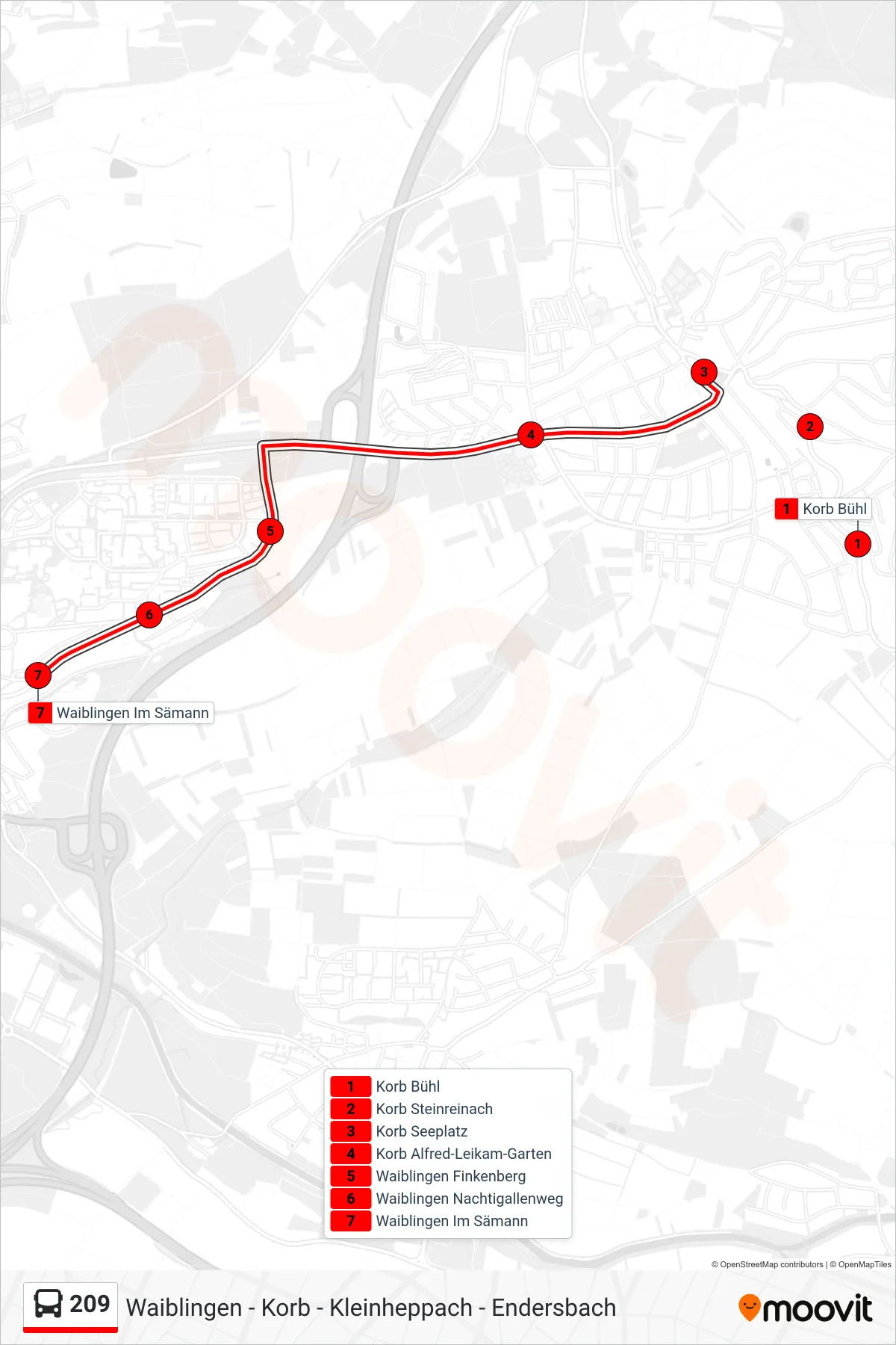 209 bus Line (Waiblingen Im Sämann) route and stops on a map