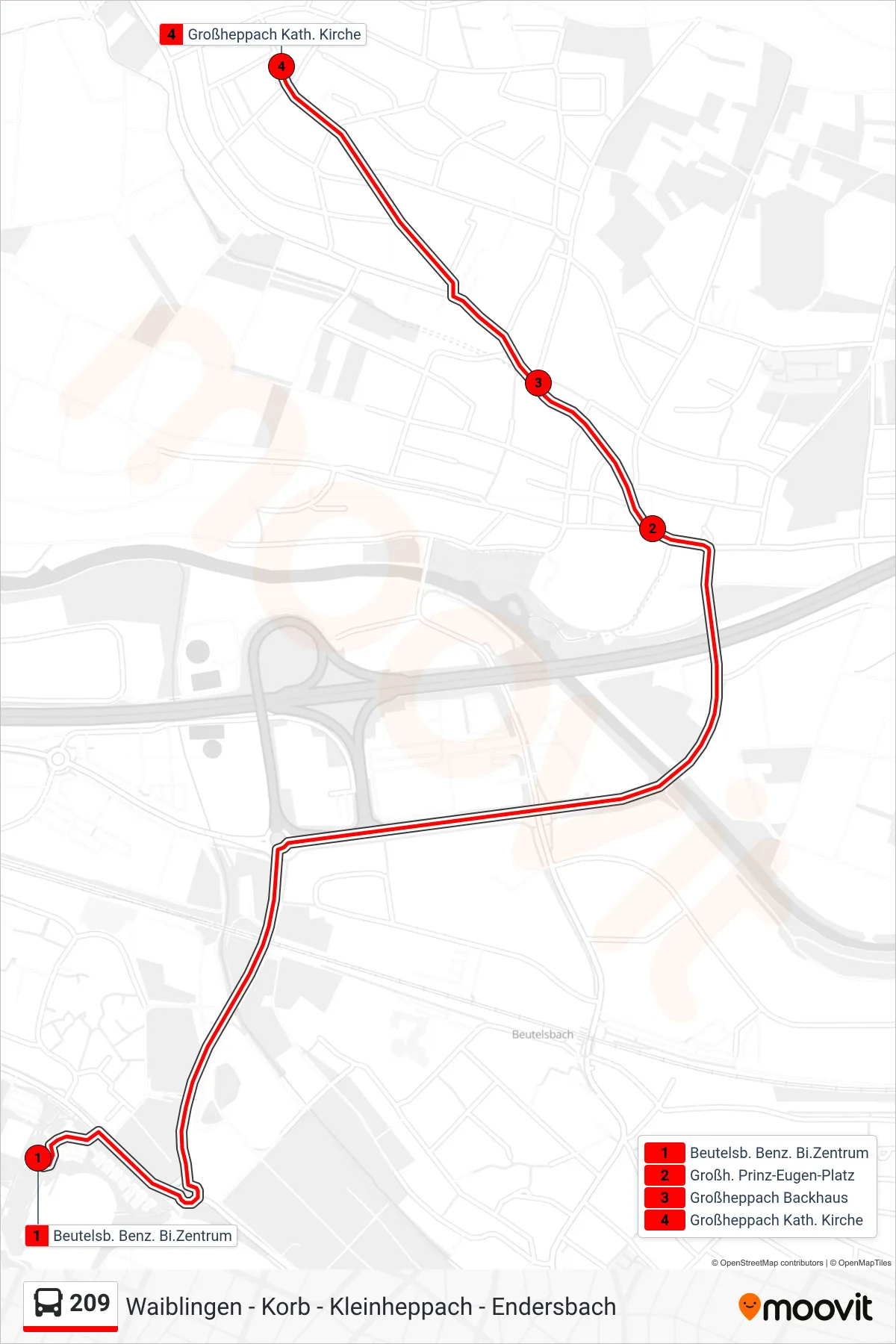 Linie 209 (Bus) Richtung Großheppach Kath. Kirche: Route und Haltestellen auf der Karte