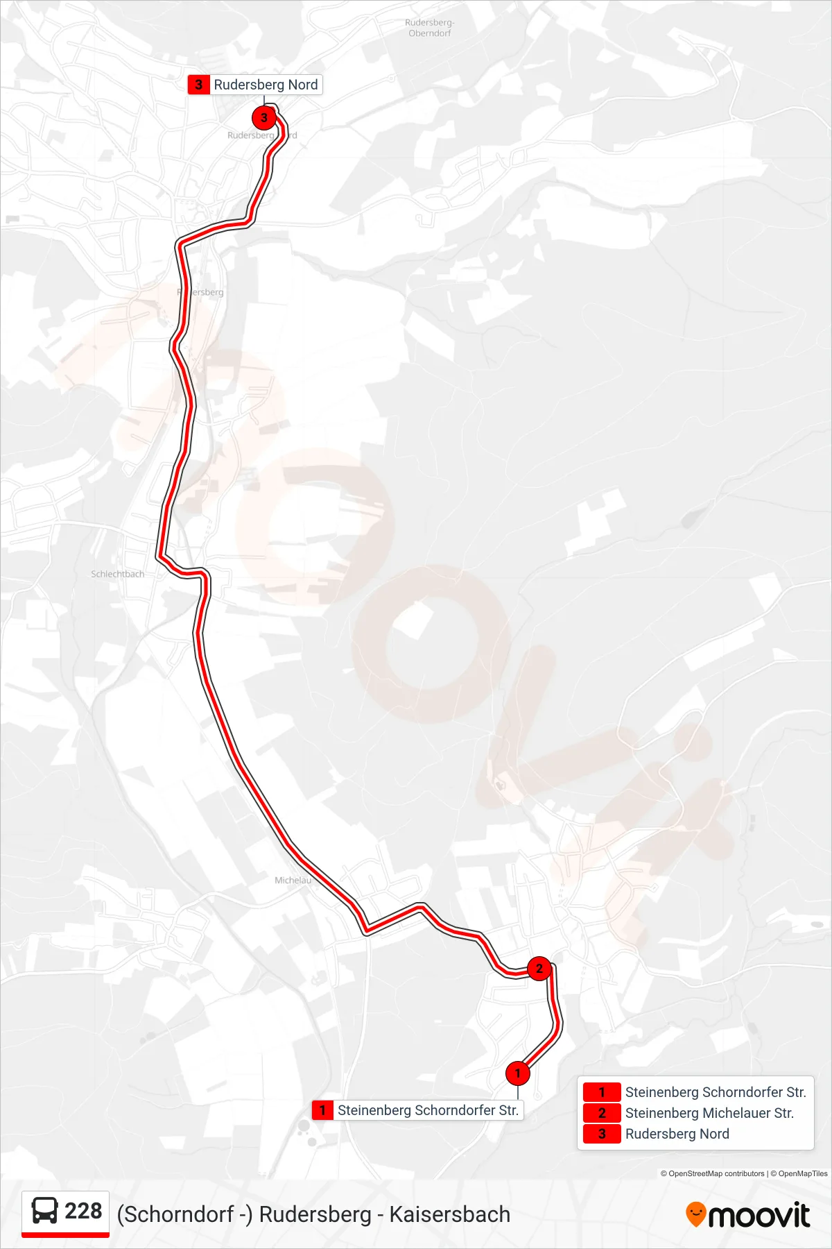 228 bus Line (Rudersberg Nord) route and stops on a map