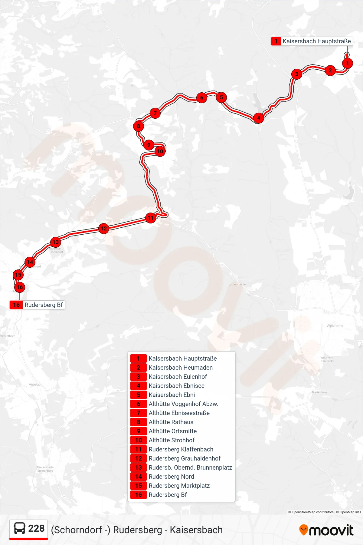 228 bus Line (Rudersberg Bf) route and stops on a map
