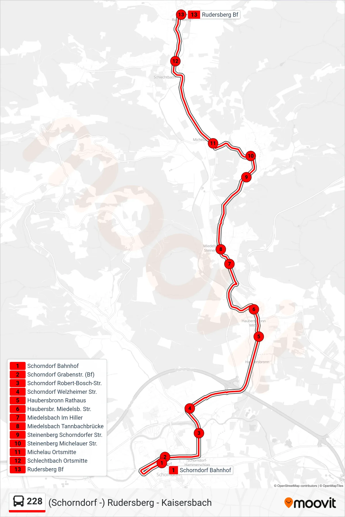 228 bus Line (Rudersberg Bf) route and stops on a map