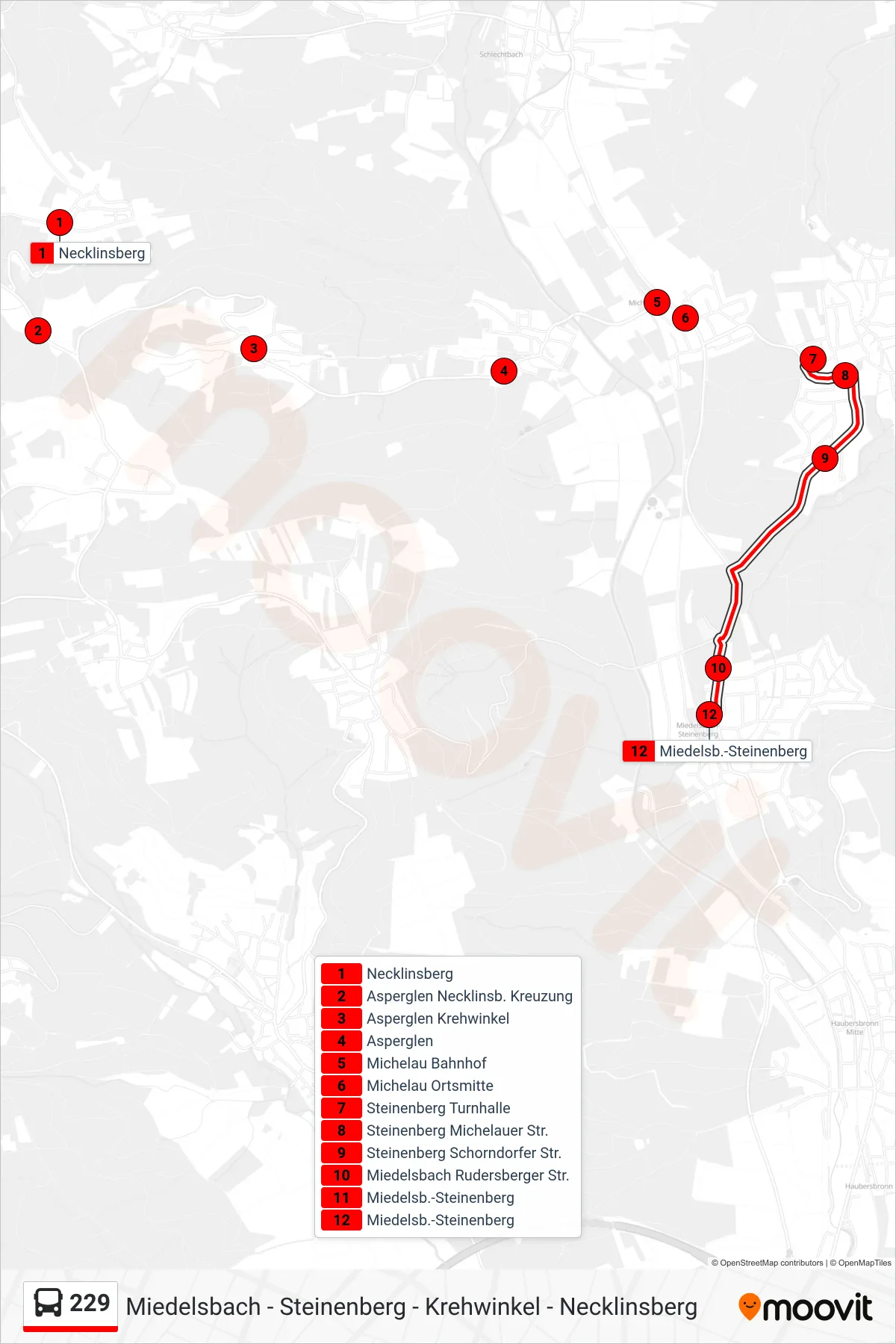 229 bus Line (Miedelsb.-Steinenberg) route and stops on a map