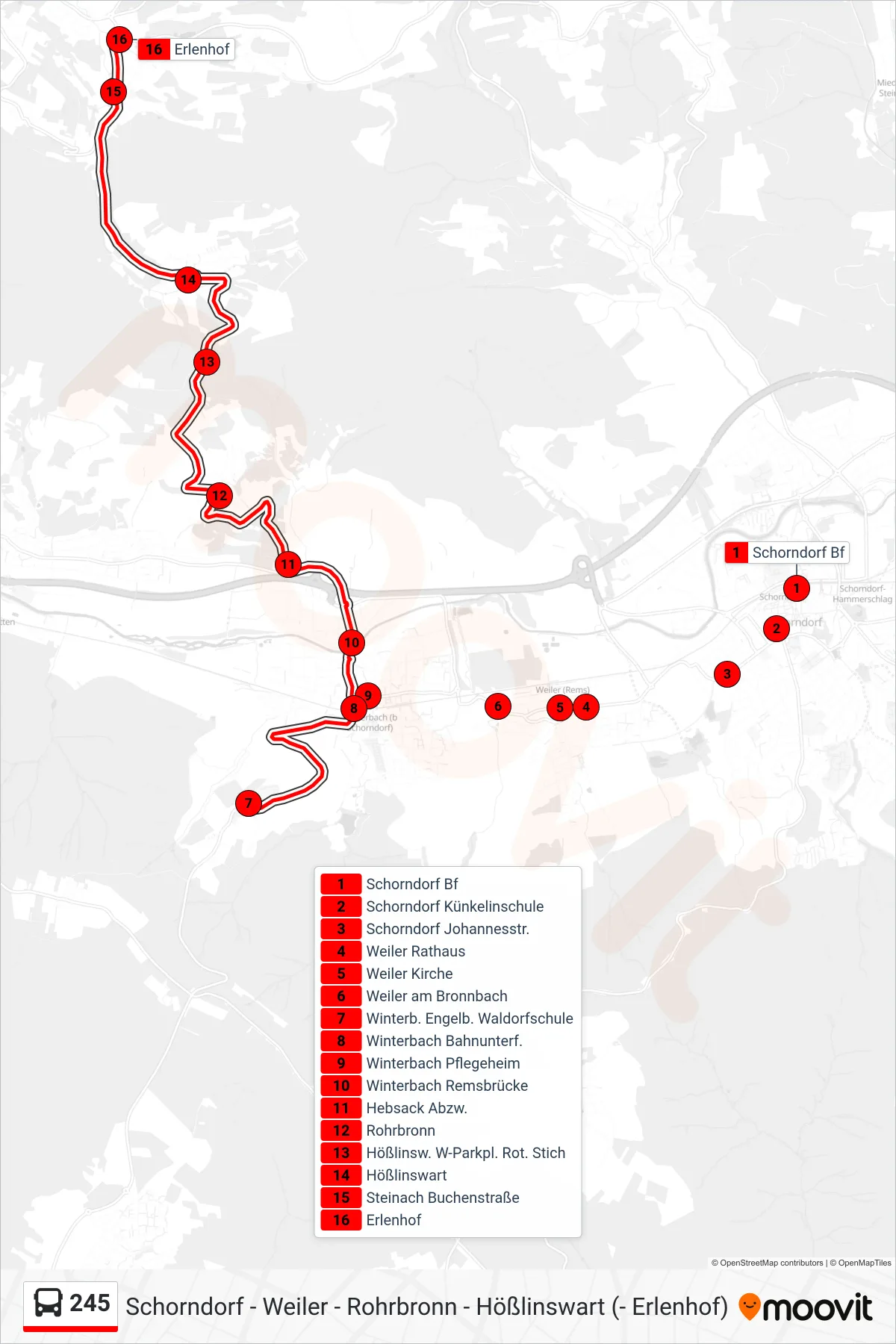 245 bus Line (Erlenhof) route and stops on a map