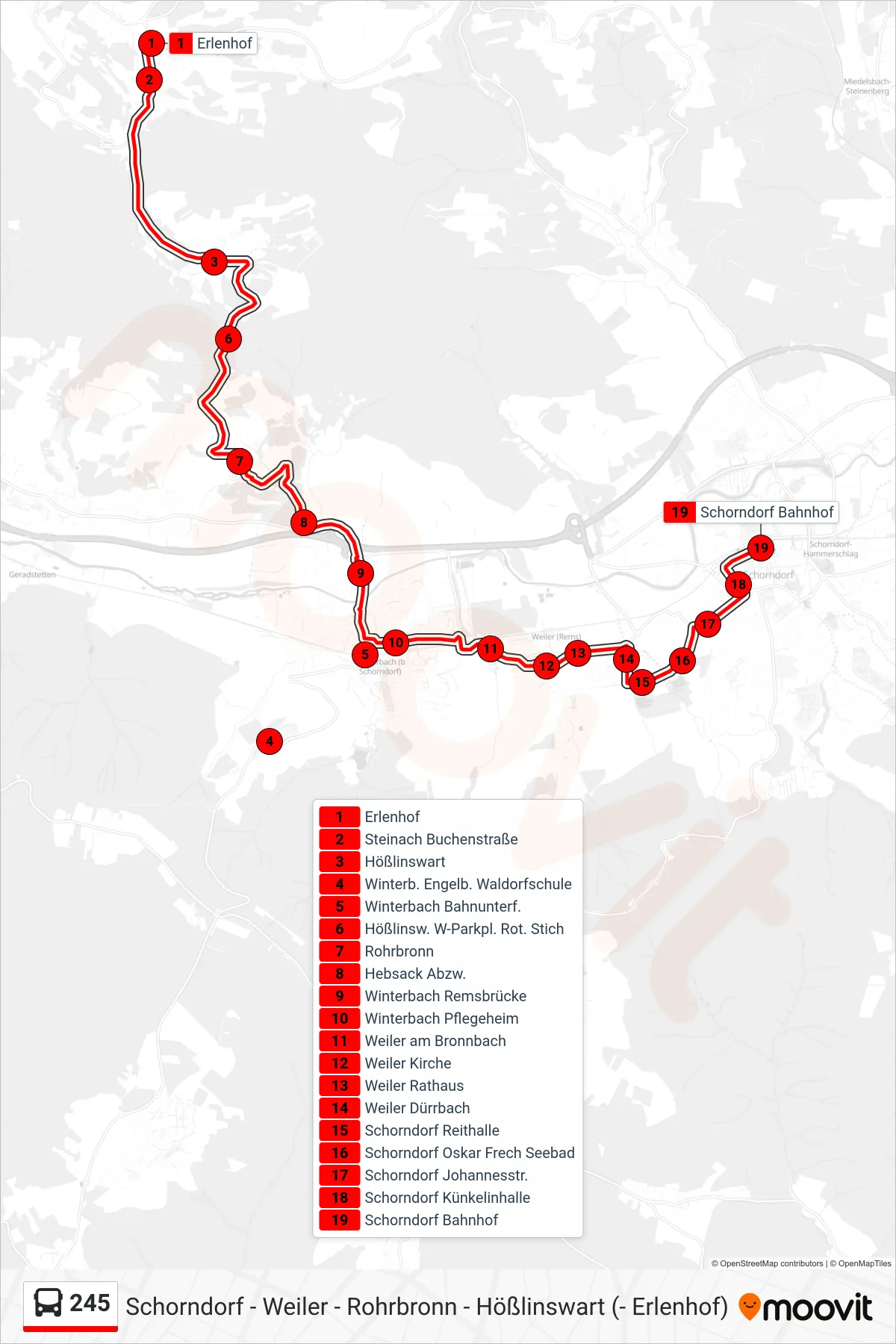 Linie 245 (Bus) Richtung Schorndorf Bf: Route und Haltestellen auf der Karte