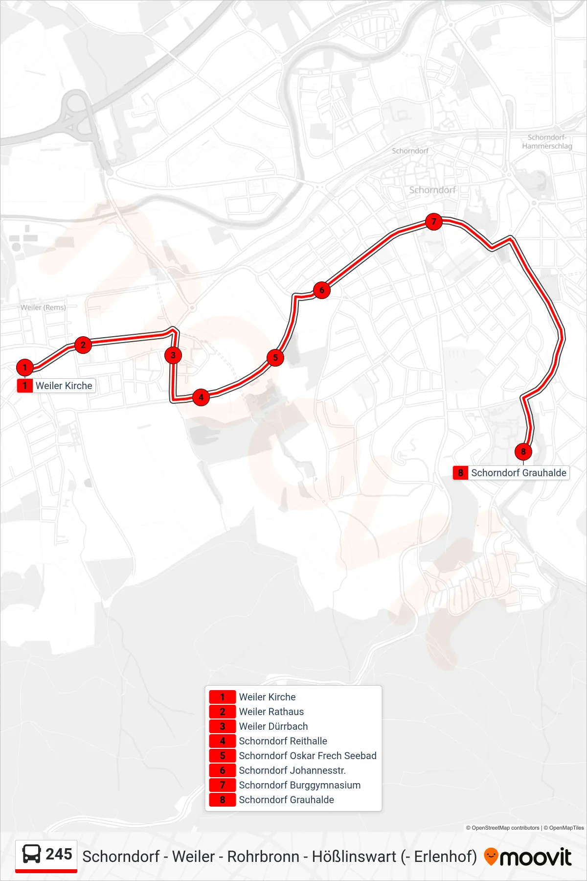 245 bus Line (Schorndorf Grauhalde) route and stops on a map