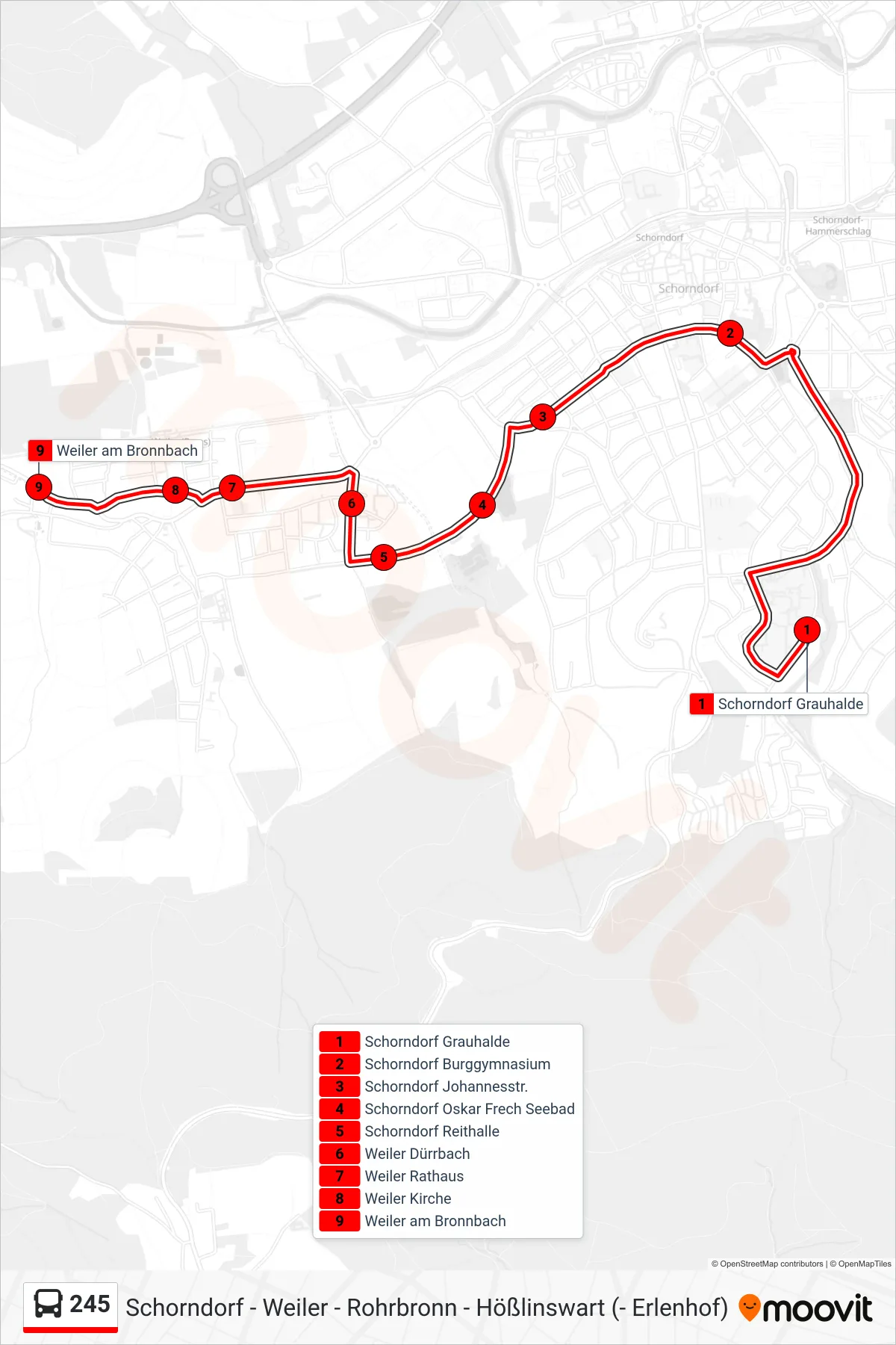 245 bus Line (Weiler am Bronnbach) route and stops on a map